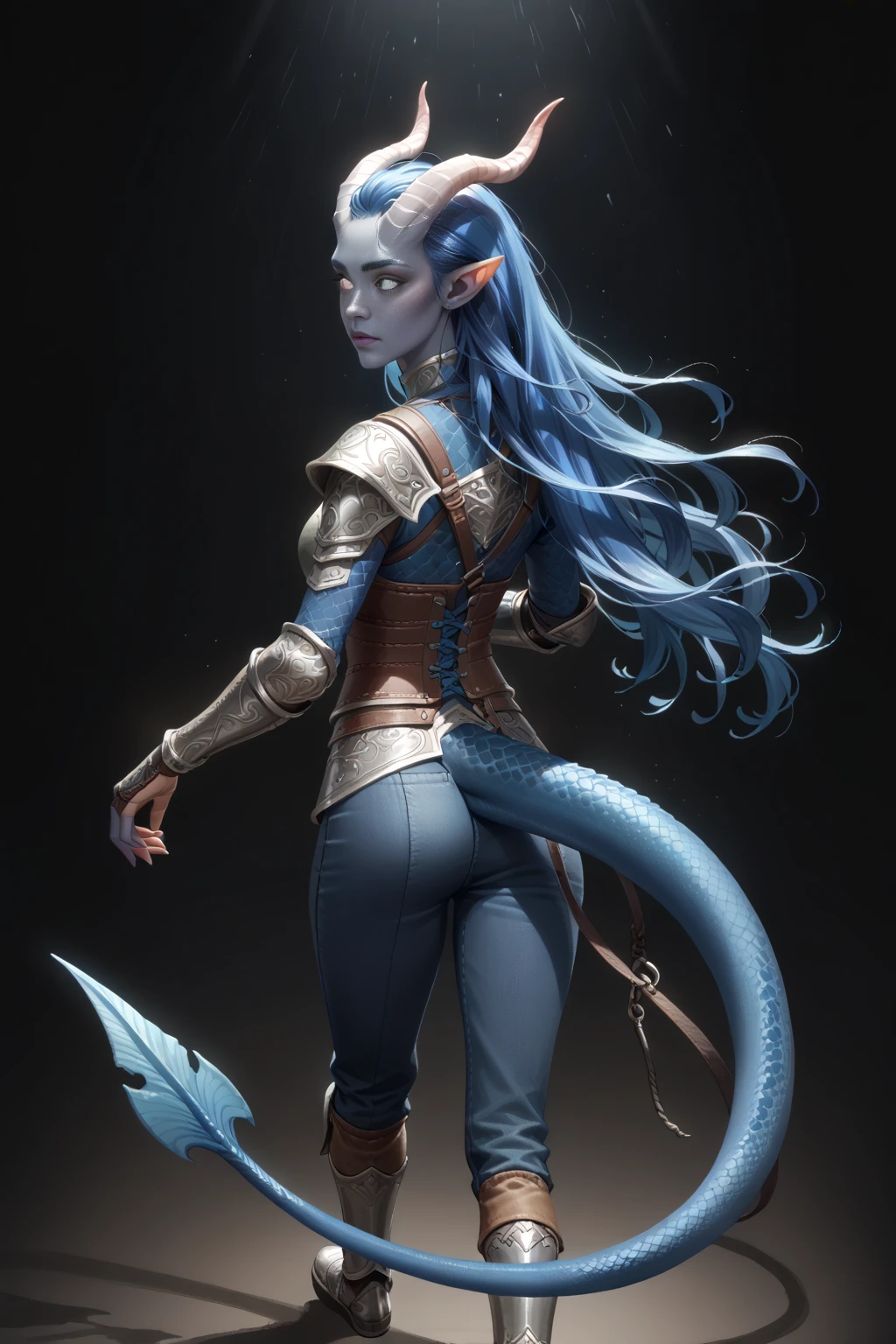 ( A sprawling cedar is growing ), runs, dynamics, (1Тiefling ,  dark blue-gray skin :1.4), ((((very thick long tiefling dragon tail)))), ((long dark blue flowing hair)) ,  ((The pigmentation on the face ))) , ((bright blue-grey pupils,  Black eyes )), ((skin pigmentation)),  girl  , (kind face), (face visible), (curiosity ), ( openness in view ), (small lips), ( curious eyes ), (30 years old), chainmail, gray-black armor ,  (( Protection on a thick long dragon blue tail)), (pants), (( dynamic posture looks back from behind, in half a turn)) , ( dark grey straight short horns),  (book in hand), (  top quality ,  masterpiece fails,   in the highest detail ) ,  fantasy background. blue tones, Dark tones.  Clear water, scale,  Dark colors , dark shades,  muted colors. (( view from above )).