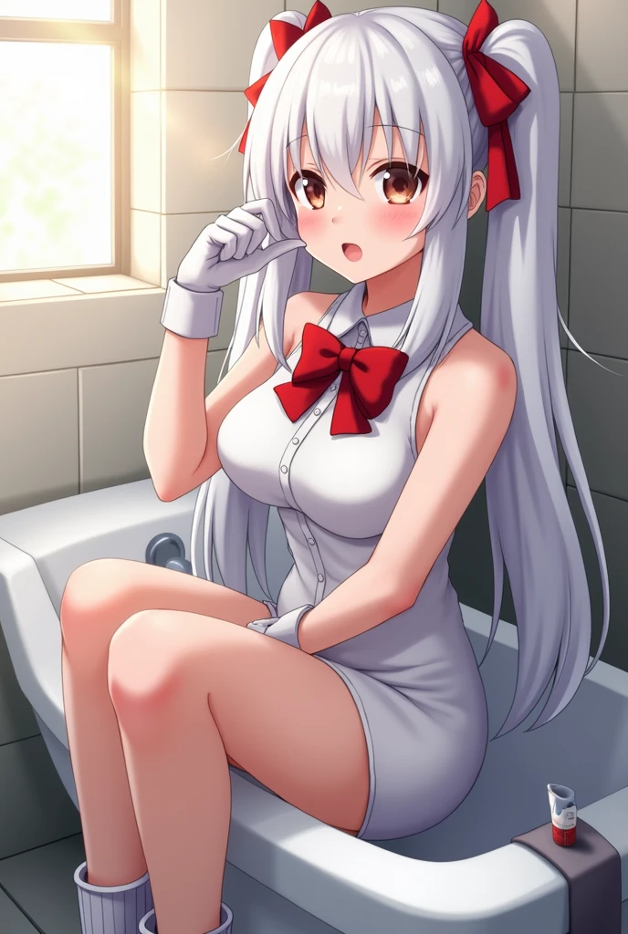 girl，thin，Navel exposed，barefoot，spread legs，white hair，red pupils，kitchen，apron，Bare buttocks，