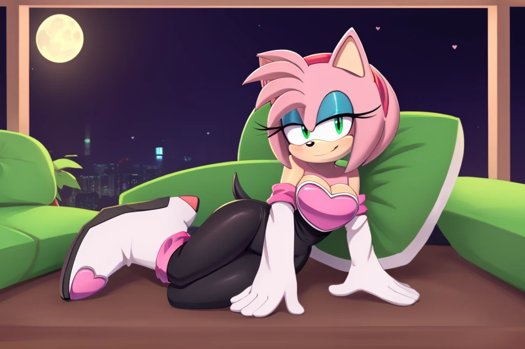 Score_9, score_8_up, 2D, flat color, looking at viewer, (1girl), (solo), very detailed, extremely detailed, Amy Rose from the sonic the hedgehog series, portrait, smile, looking at viewers, hair down, hair bangs, large bust, milf, Rouge cosplay, cosplay, Rouge outfit, she wears a black skin-tight and strapless low-cut jumpsuit, a pink heart-shaped chest plate outlined with thin white trim, elbow-length white gloves and thigh-high high-heeled boots with pink cuffs to match them, with the latter featuring both gray soles and heels, along with steel toes in the appearance of pink hearts, laying on a green chair with her legs crossed, laying on side, one hand on hip, a window with a bright full moon at night