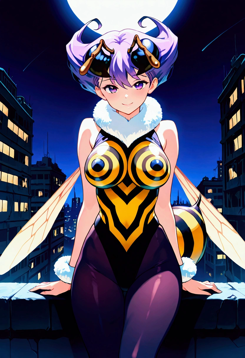 score_9,score_8_up,score_7, source anime, BREAK, 1girl, solo, bee girl, q-bee darkstalker, abdomen tail, bee tail, arthropod girl, wings, solo, antennae, purple hair, insect wings, monster girl, purple eyes, short hair, pantyhose, looking at viewer, purple pantyhose, bangs, leotard, fur collar, smile, bare shoulders, bodysuit, sleeveless, breasts, fur trim, seductive, sexy, night sky, post-apocalypse, crumbling city on background, late night, moon, (masterpiece), best quality, high res, HD, 4k, 8k, Detailed Illustration, intricate detail, cinematic lighting, amazing quality, amazing shading, soft lighting, absurdres, newest,  half-length portrait, close-up, from behind, back, rear back, bending forwarf, flying,