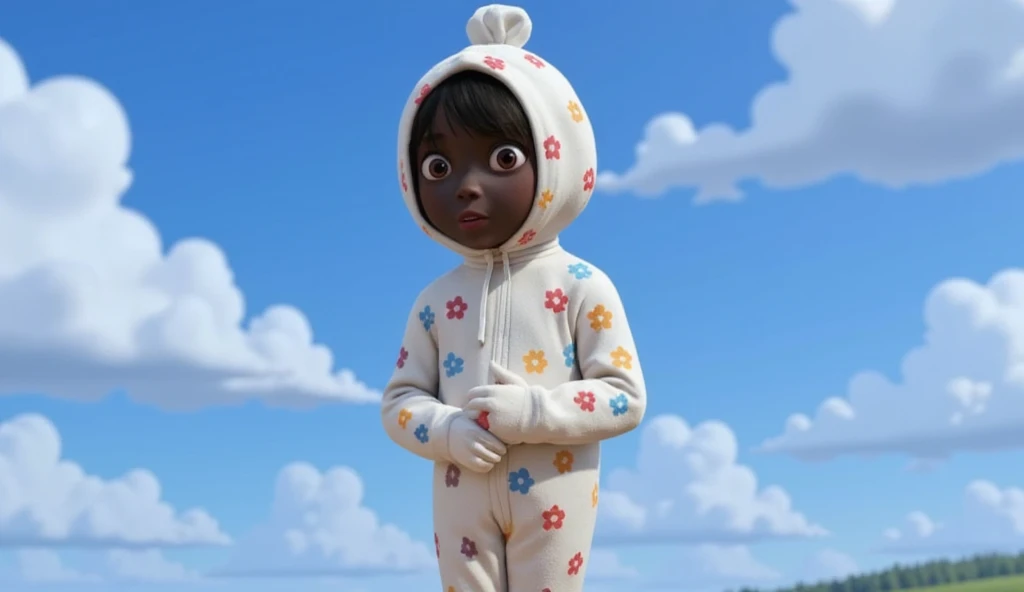 side view, cute white pocong, cloth pattern with various flower colors, black face, red eyes, red lips, standing on a skateboard, walking, 3D animation with vibrant color palette, ((full body)), ((pixar animation)), pocong, cartoon character who likes to play, colors that contrast with the bright sky.