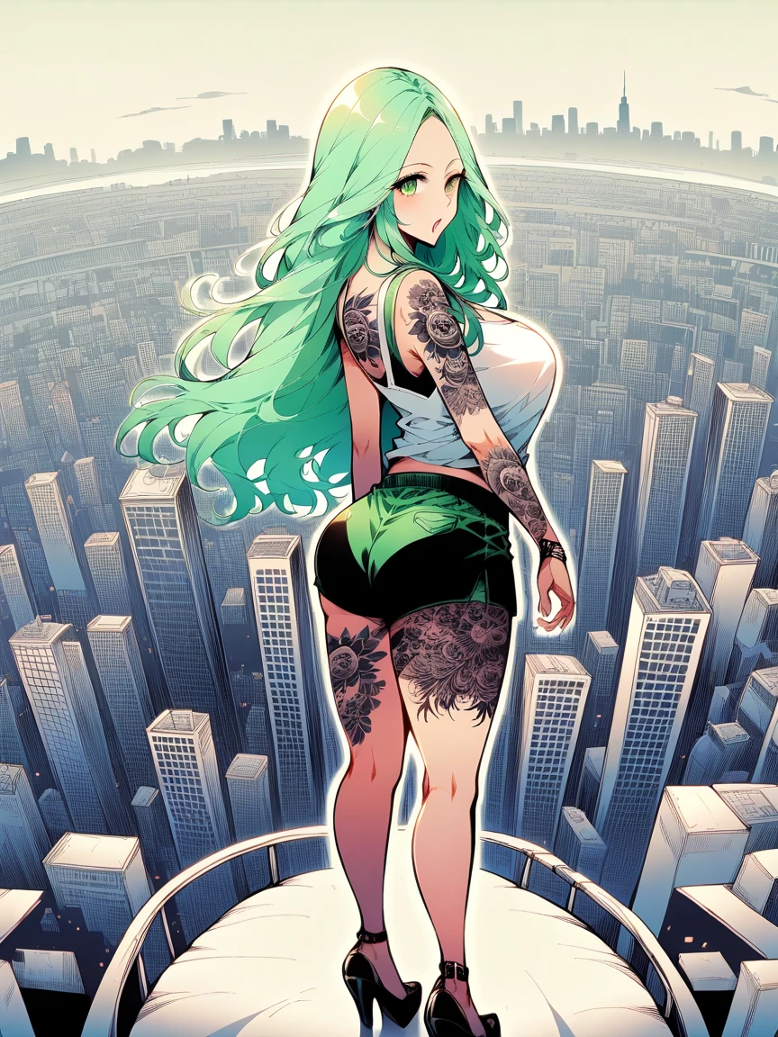 t4ts, tattoos, tattoo, 1girl, Rhea, light green hair, tank top, booty shorts, high heels, green eyes, standing, city background, crop top, large breasts, 