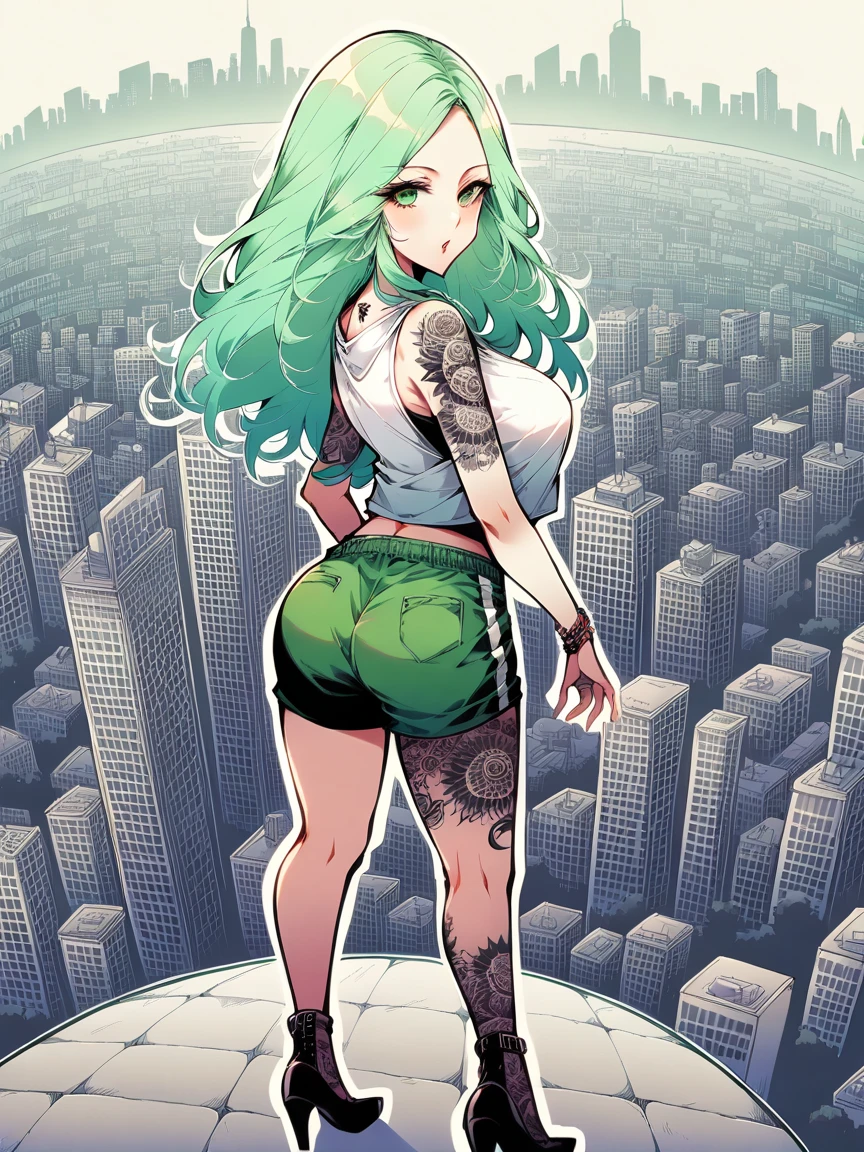 t4ts, tattoos, tattoo, 1girl, Rhea, light green hair, tank top, booty shorts, high heels, green eyes, standing, city background, crop top, large breasts, 