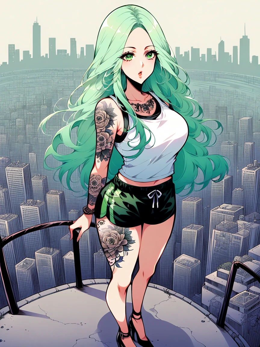 t4ts, tattoos, tattoo, 1girl, Rhea, light green hair, tank top, booty shorts, high heels, green eyes, standing, city background, crop top, large breasts, 