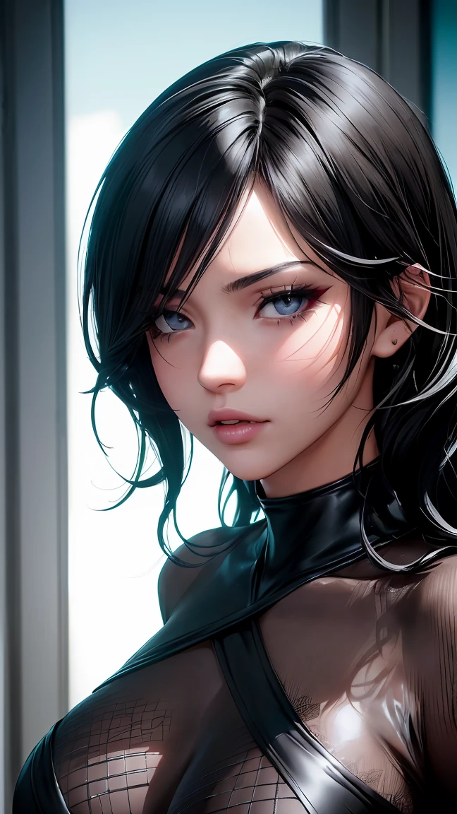 masterpiece, best quality, ultra-detailed, best shadow, beautiful detailed face, beautiful detailed eyes, High contrast,, 1girl, , (flat chest),  bangs, hair over one eye, black  bare shoulders,, white background:1.3,  (face focus:1.3, eye close-up:1.3), ((from behind:1.3)), ass,