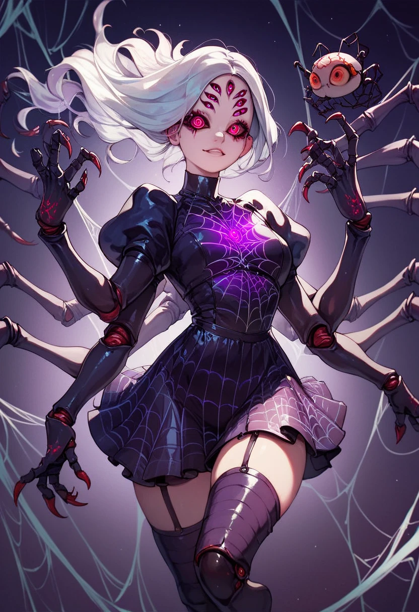 Spider cyborg girl. Many arms. Spider eyes on forehead. Horror eyes. Facial tattoo. Silver hair. Glowing chest. Latex. Black and purple costume. Mechanical skirt. Insect legs from waist. Sharp claws. High leg cut. Dark background.