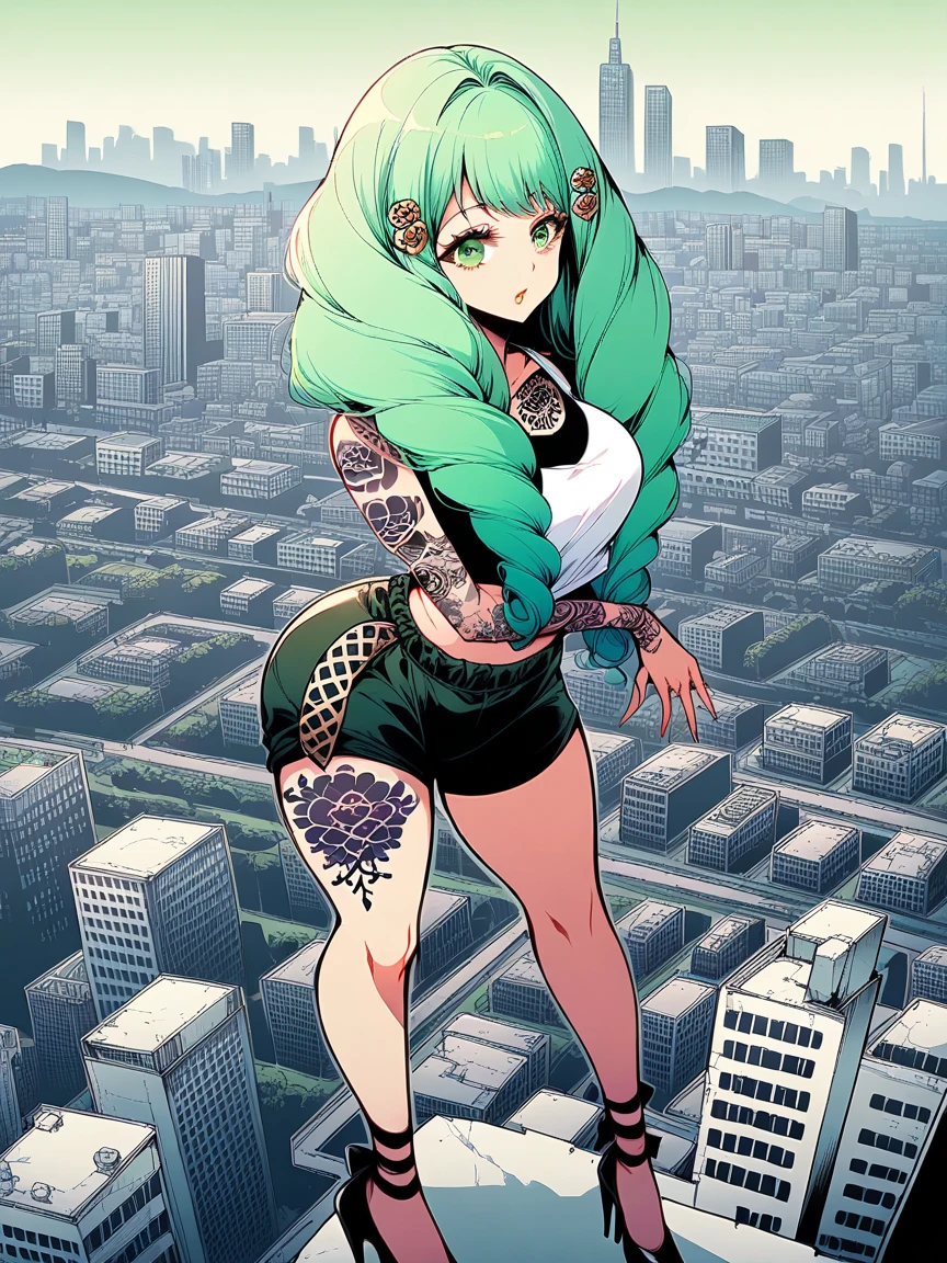 t4ts, tattoos, tattoo, 1girl, Flayn, light green hair, tank top, booty shorts, high heels, green eyes, standing, city background, crop top, large breasts, 