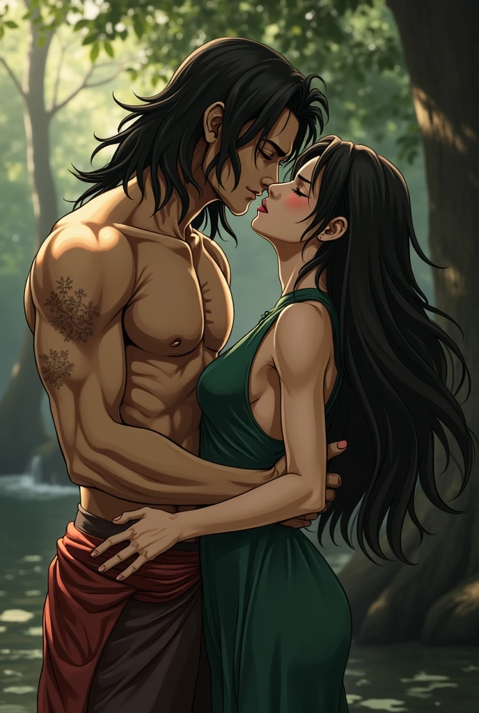 Tarzan and Jane standing together in a jungle, Tarzan hugging Jane, Naked Tarzan with long , Carla Yeager as Jane, smiling, completely naked, fully nude,long hair covering her breasts, Henry Cavill as Tarzan, dense forest in the background, upper body, front view, well lighted, high resolution