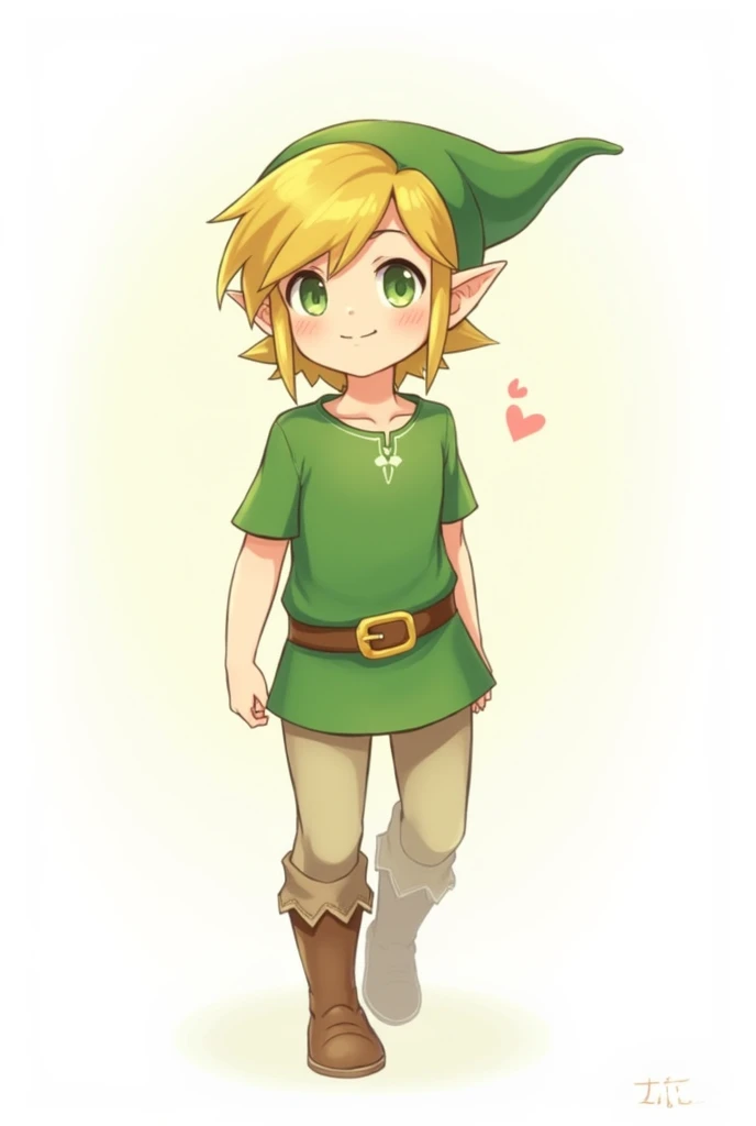 Fanart of Link (Zelda), green trousers and cap, Anime style, white background. blushing