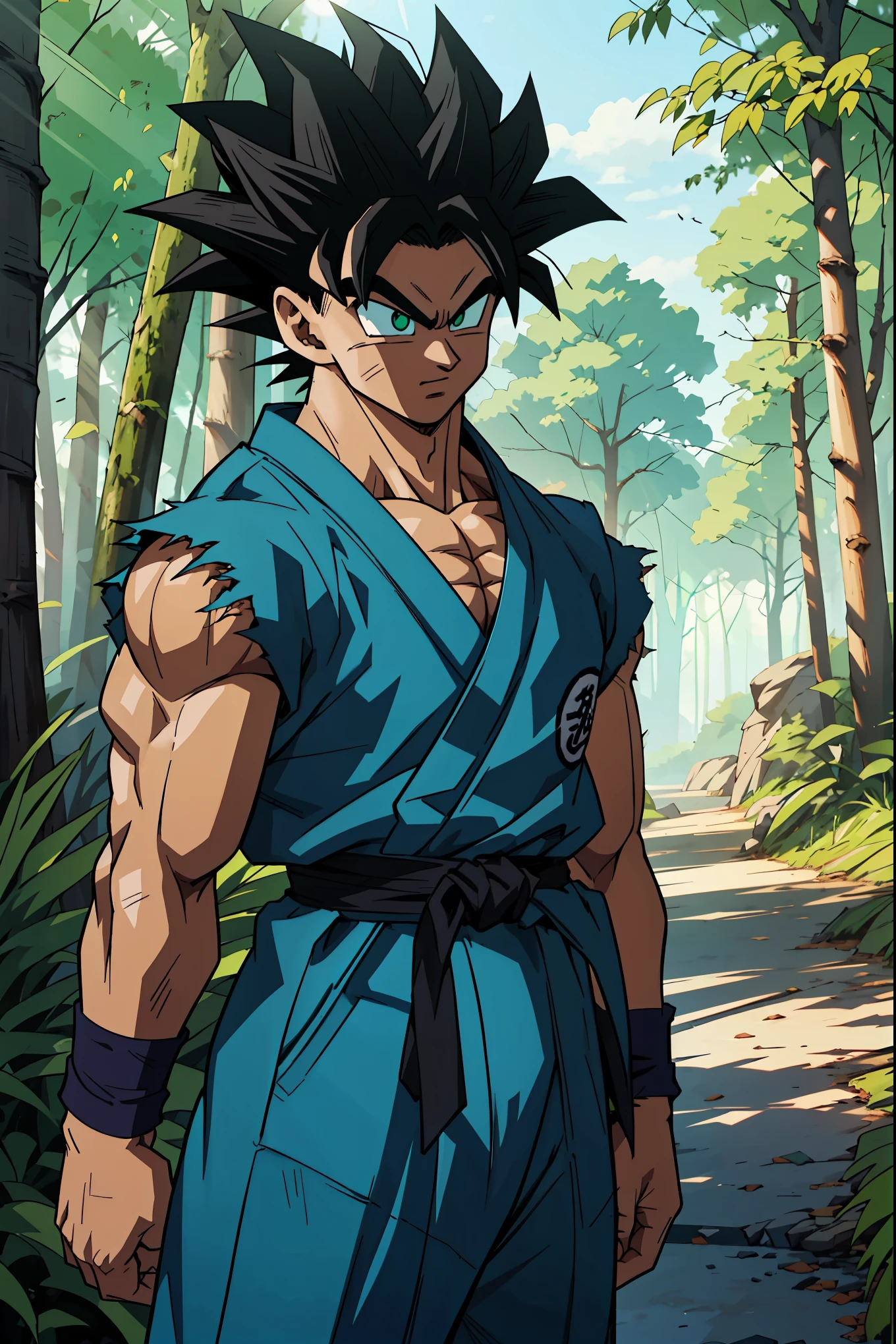 A muscular male anime warrior standing confidently in a lush forest, with spiked black hair styled in a unique, wild pattern, featuring green highlights under the sunlight. His piercing green eyes reflect determination and strength. He wears a battle-worn green gi with black accents, slightly torn at the edges, revealing his toned physique. The gi is tied with a detailed black sash at the waist, and his arms are wrapped with black armbands for a combat-ready appearance. Around him, faint blue-green ki energy radiates subtly, blending with the forest's natural lighting. The background features tall trees with sunlight filtering through, creating a dramatic and serene atmosphere. The art style is inspired by Dragon Ball anime, emphasizing dynamic shading, bold outlines, and vibrant colors. The character exudes power and resilience, perfectly integrating into the Dragon Ball universe