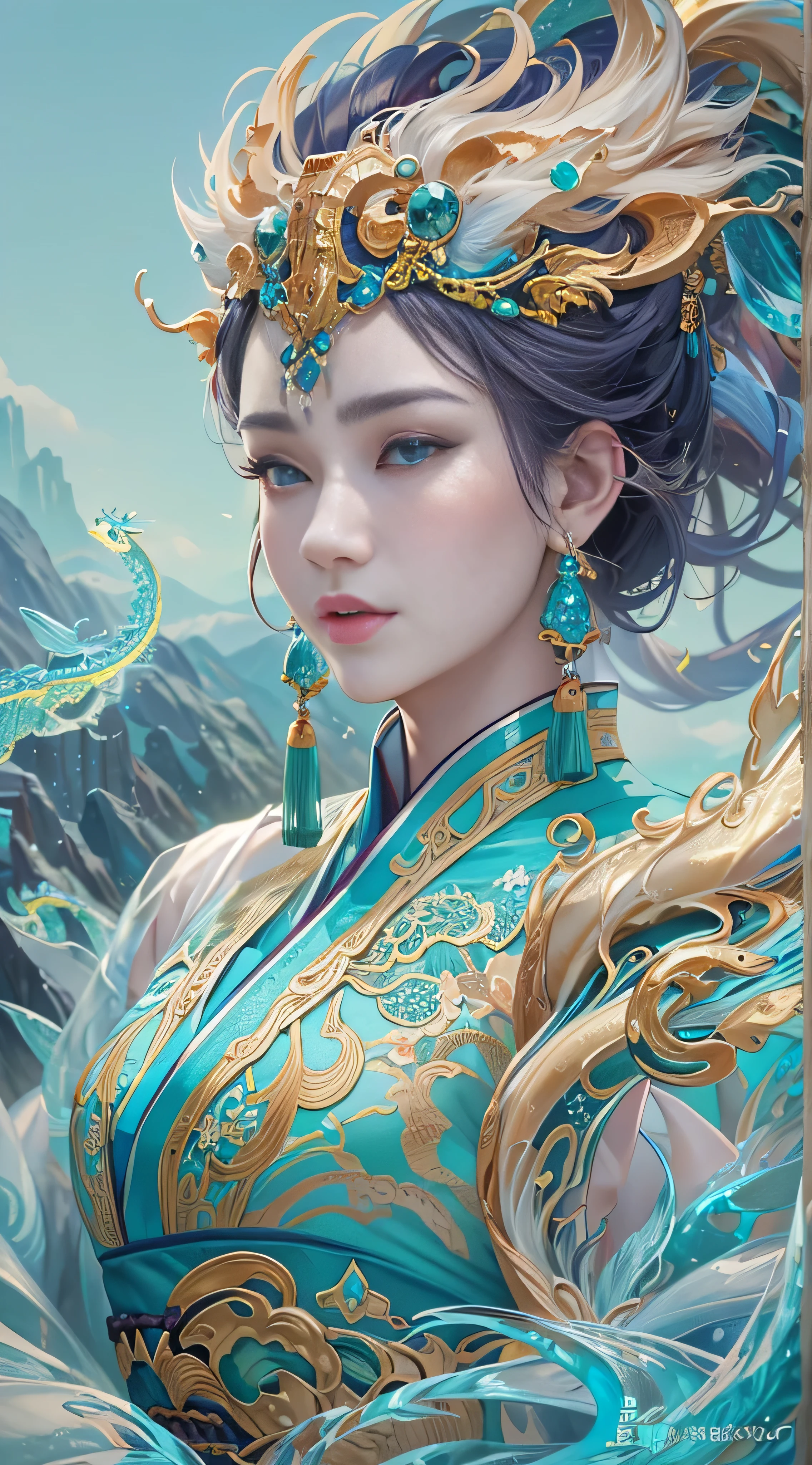 * 8k masterpiece , top quality,  top quality,  Official Art , ( Beauty and Aesthetics : 1.3),  very detailed, ( fractal art : 1.3),  colorful , Ice and Chinese dragon,   serpentine body, claw, Cyan and 1 Woman, Han Women's Media , Hanfu, Cyan