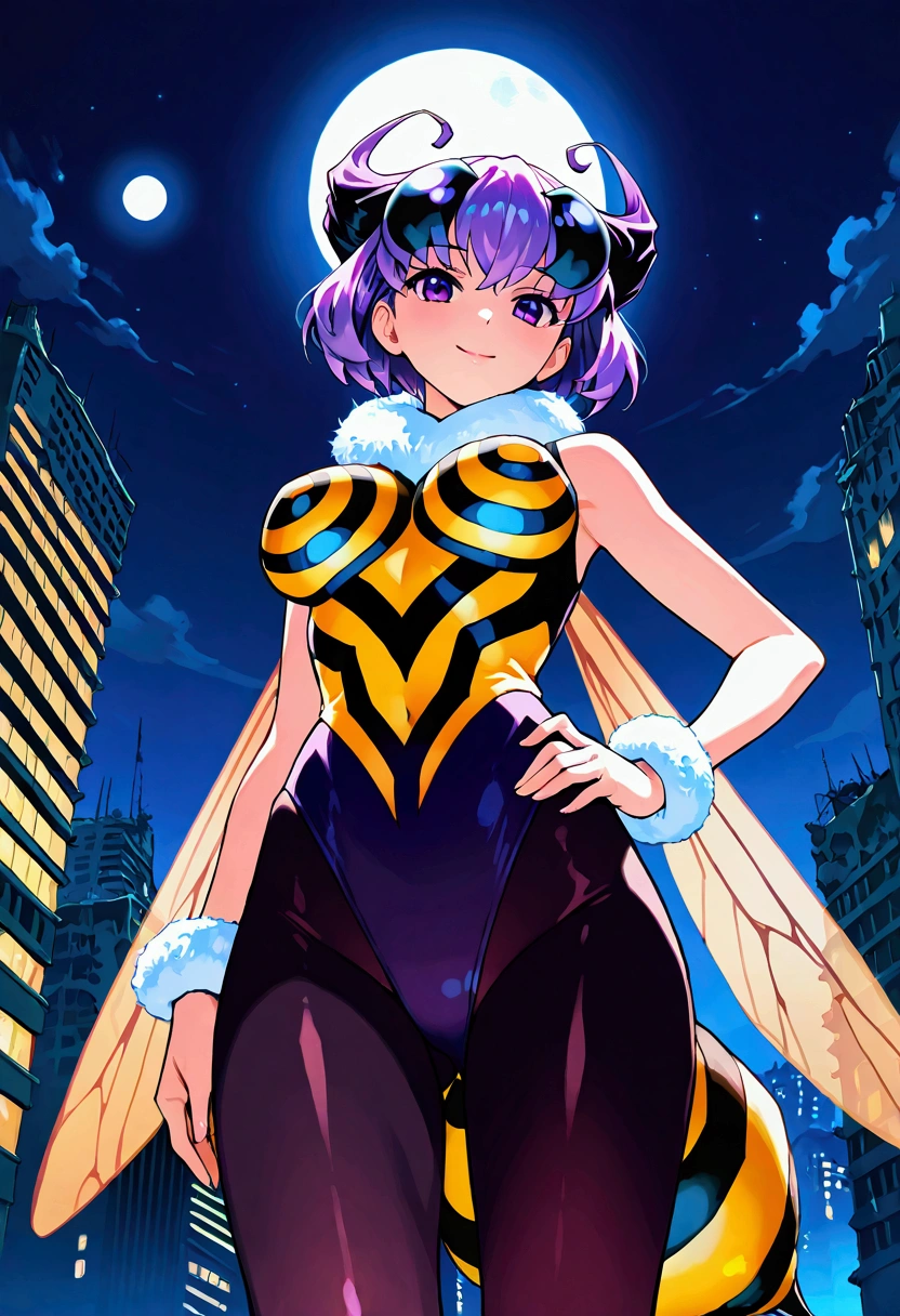 score_9,score_8_up,score_7, source anime, BREAK, 1girl, solo, bee girl, q-bee darkstalker, abdomen tail, bee tail, arthropod girl, wings, solo, antennae, purple hair, insect wings, monster girl, purple eyes, short hair, pantyhose, looking at viewer, purple pantyhose, bangs, leotard, fur collar, smile, bare shoulders, bodysuit, sleeveless, breasts, fur trim, seductive, sexy, night sky, post-apocalypse, crumbling city on background, late night, moon, (masterpiece), best quality, high res, HD, 4k, 8k, Detailed Illustration, intricate detail, cinematic lighting, amazing quality, amazing shading, soft lighting, absurdres, newest, close-up, portrait,  low angle view, from below, hand on hips,