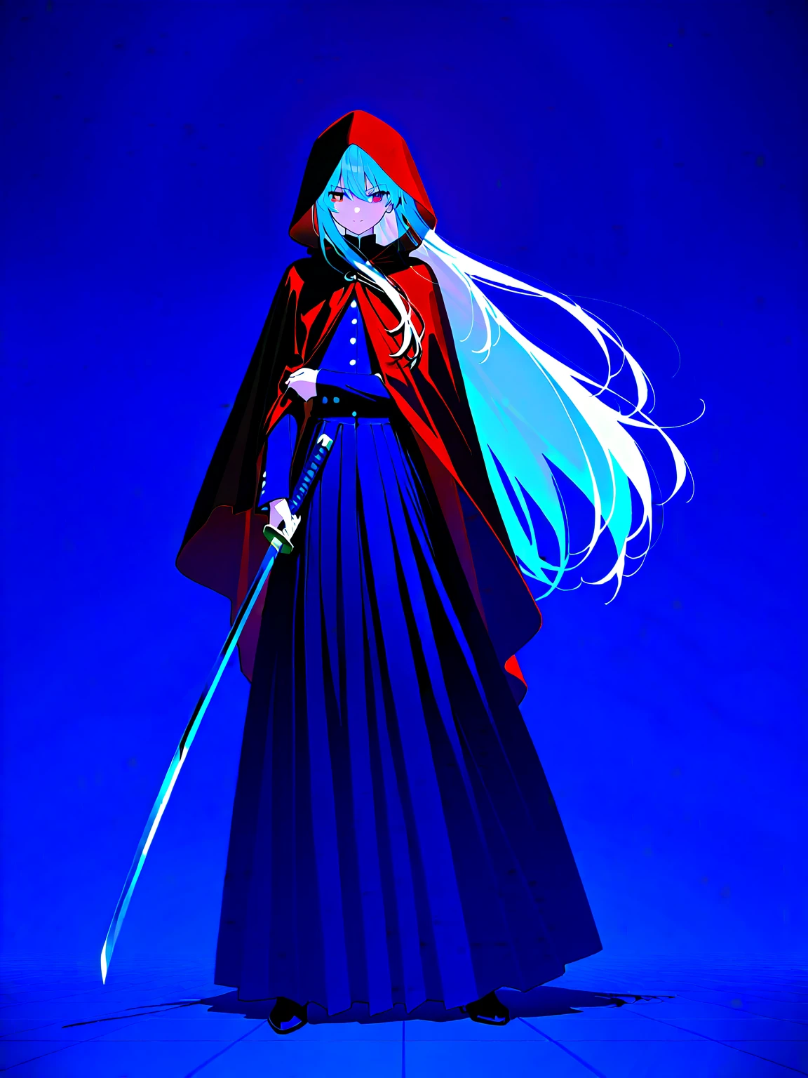 full body, overview, young girl (), sublime, serious look looking straight ahead, long white hair, she wears a hood on her head, we can see the handle of a katana coming out of her back,she charges straight ahead with a katana in her hand.