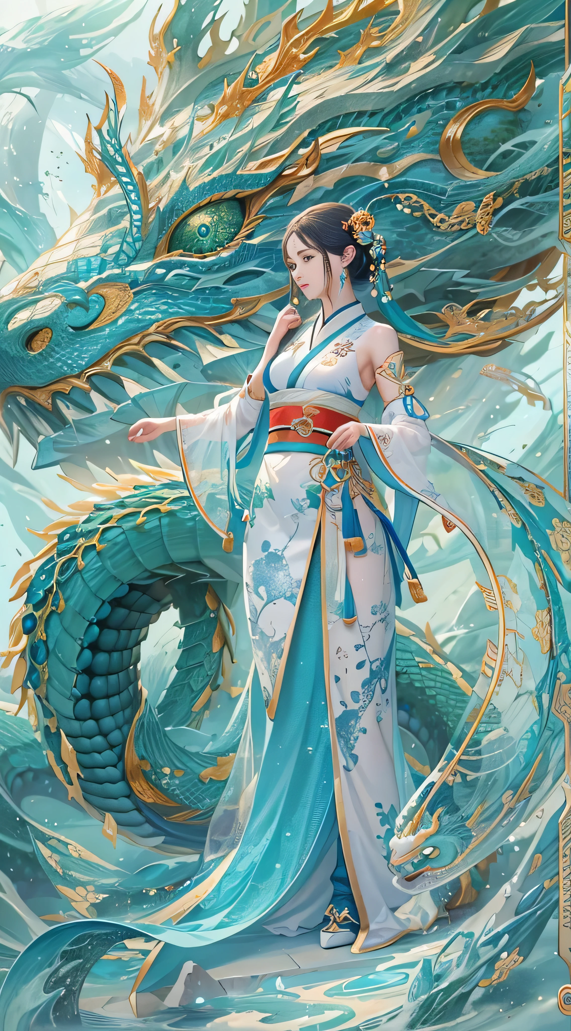 * 8k masterpiece , top quality,  top quality,  Official Art , ( Beauty and Aesthetics : 1.3),  very detailed, ( fractal art : 1.3),  colorful , Ice and Chinese dragon,   serpentine body, claw, Cyan and 1 Woman, Han Women's Media , Hanfu, Cyan