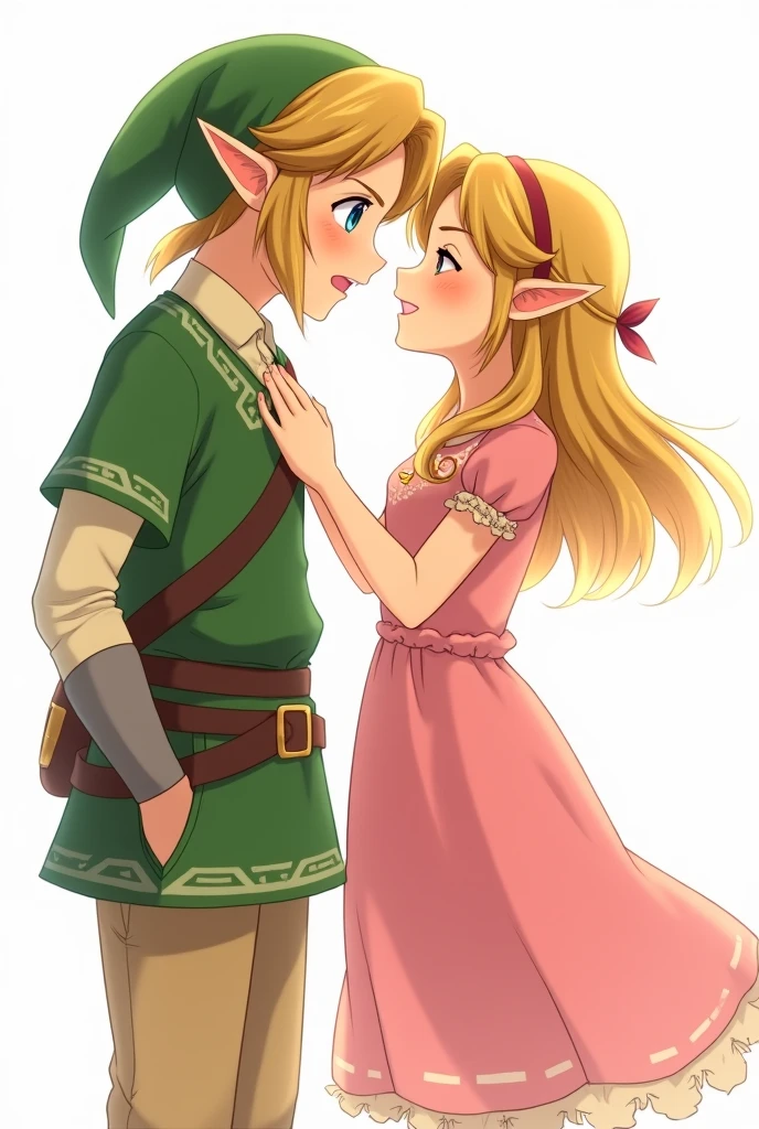 Fanart of Link and Zelda, green trousers and cap, Anime style, white background. blushing. She uses a pink dress.