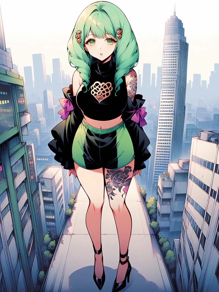 t4ts, tattoos, tattoo, 1girl, Flayn, light green hair, tank top, booty shorts, high heels, green eyes, standing, city background, crop top, large breasts, 