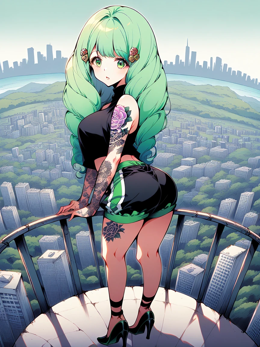 t4ts, tattoos, tattoo, 1girl, Flayn, light green hair, tank top, booty shorts, high heels, green eyes, standing, city background, crop top, large breasts, 