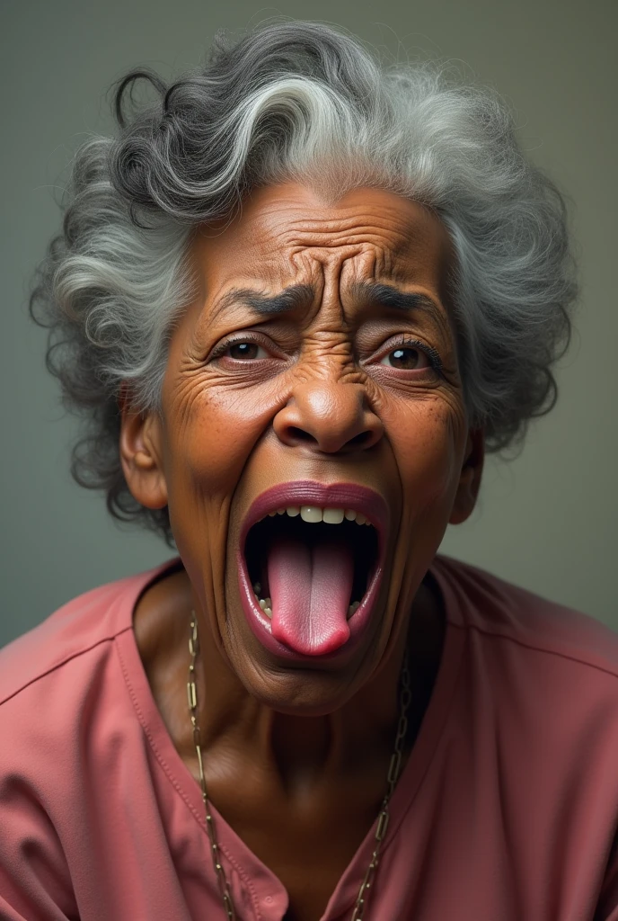Generate an image of a old black woman with grey hair shouting and pointing hands at someone