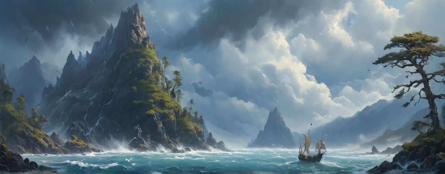 (Sailing ship in water with blue sails),  High black mountains with snow on the peaks,  goes into the clouds , ( a huge cedar with many branches from the ground to the clouds ),  tall tree  ,    high plateau   ,    A sprawling cedar grows on the plateau.   A huge creature with an elongated fish face appears from the water,   with long straight legs and a thick tail  , scaly moss grows on top . lots of air   , cliff, the waves of the sea are raging   .    the sky before the thunderstorm   ,    light through the clouds    .    reflections in water   .    The Abyss of the Dark Sea   , 4K, concept art, fantasy, blue tones,   very detailed oil painting  .   high view from above   .
