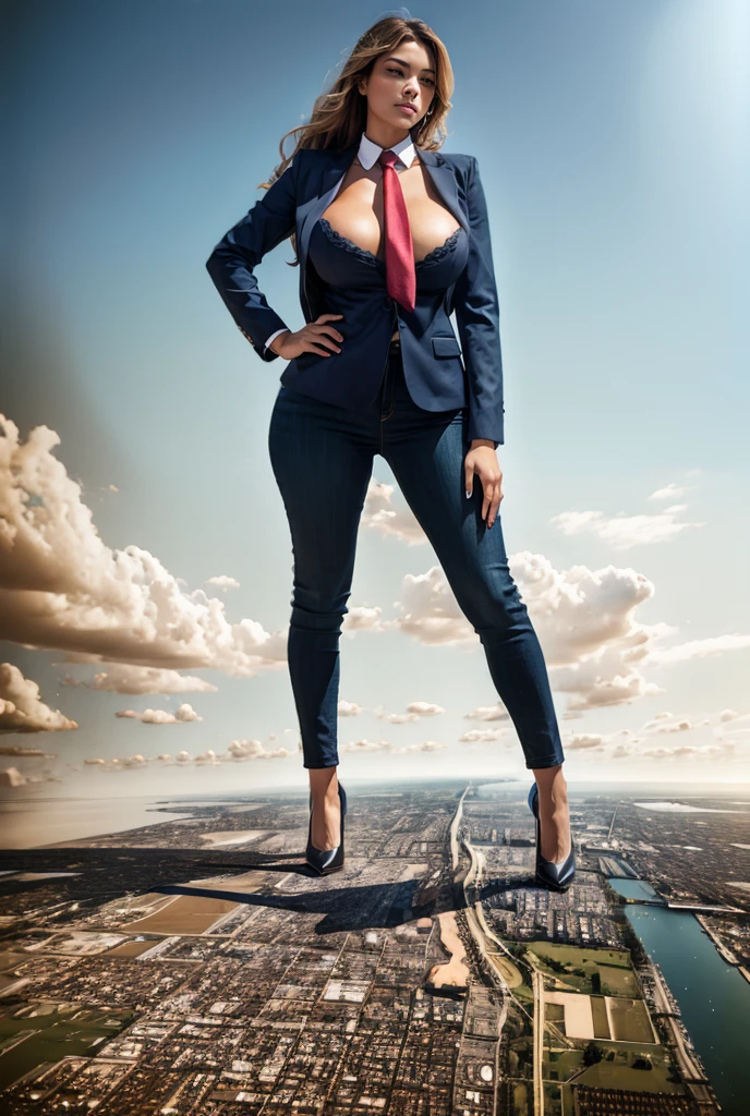 Giantess art, giga giantess, sophisticated and stylish woman in a light navy blue italian pinstriped trouser suit, form fitting crisp white office shirt, and a large wide red necktie in a windsor knot, with a beautiful, curvaceous figure, large natural breasts, and long wavy blonde hair, with a curvaceous figure and massive breasts. wearing red rounded court high heels with uncovered feet and standing, rampage-like pose, with a cityscape background of mega-city, urban sprawl, and small towns, partially obscured by a hazy, cloudy atmosphere. The image is a high-resolution, masterpiece-quality, cinematic, ultra-detailed, and hyper-photorealistic photograph, with perfect hands, face, and lighting. ultra-detailed, 8K, photo-realistic, hyper-realistic, masterpiece, intricate details, full body view. Looking at camera, The image is a high-resolution, masterpiece-quality, cinematic, ultra-detailed, and hyper-photorealistic photograph, with perfect hands, face, and lighting. ultra-detailed, 8K, photo-realistic, hyper-realistic, masterpiece, intricate details, full body view