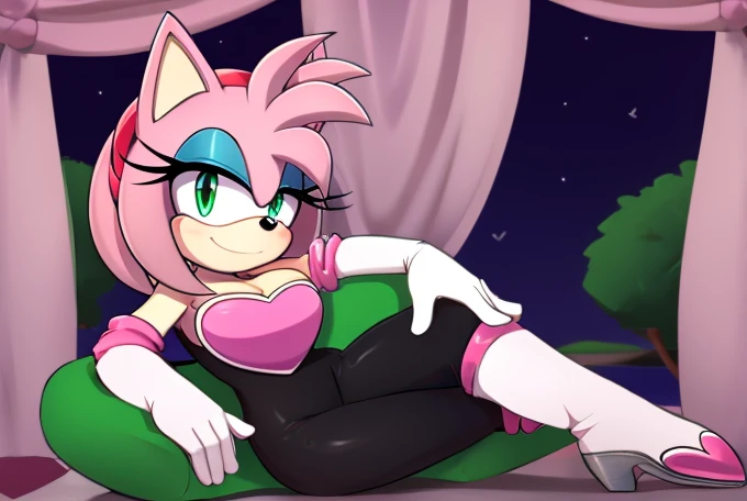 Score_9, score_8_up, 2D, flat color, looking at viewer, (1girl), (solo), very detailed, extremely detailed, Amy Rose from the sonic the hedgehog series, portrait, smile, looking at viewers, hair down, hair bangs, large bust, milf, Rouge cosplay, cosplay, Rouge outfit, she wears a black skin-tight and strapless low-cut jumpsuit, a pink heart-shaped chest plate outlined with thin white trim, elbow-length white gloves and thigh-high high-heeled boots with pink cuffs to match them, with the latter featuring both gray soles and heels, along with steel toes in the appearance of pink hearts, laying on a green chair with her legs crossed, laying on side, one hand on hip, a window with a bright full moon at night