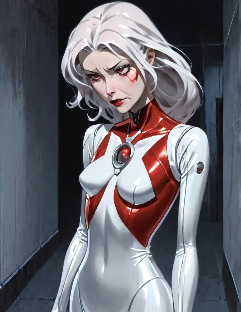 Pale Middle aged Woman wearing a red and silver sci-fi skin tight body suit. She has a calm expression. She is touching  a anorexic  woman’s shoulder who is kneeling. The anorexic  woman has an horrified expression on her face. A bright white orb of energy is coming from the anorexic woman’s chest. The anorexic woman is focused on the orb wiht a terrified expression.They are in a dark scifi hallway that is barely lit up. 