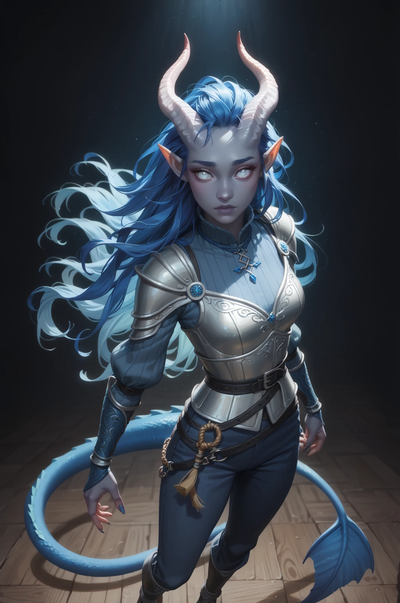 ( A sprawling cedar is growing ), runs, dynamics, (1Тiefling ,  dark blue-gray skin :1.4), ((((very thick long tiefling dragon tail)))), ((long dark blue flowing hair)) ,  ((The pigmentation on the face ))) , ((bright blue-grey pupils,  Black eyes )), ((skin pigmentation)),  girl  , (kind face), (face visible), (curiosity ), ( openness in view ), (small lips), ( curious eyes ), (30 years old), chainmail, gray-black armor ,  (( Protection on a thick long dragon blue tail)), (medieval pants), (a magic book in her hand ) (( dynamic posture looks back from behind, in half a turn, face visible)) , ( dark grey straight short horns),  (book in hand), (  top quality ,  masterpiece fails,   in the highest detail ) ,  fantasy background. blue tones, Dark tones.  Clear water, scale,  Dark colors , dark shades,  muted colors. (( view from above )).