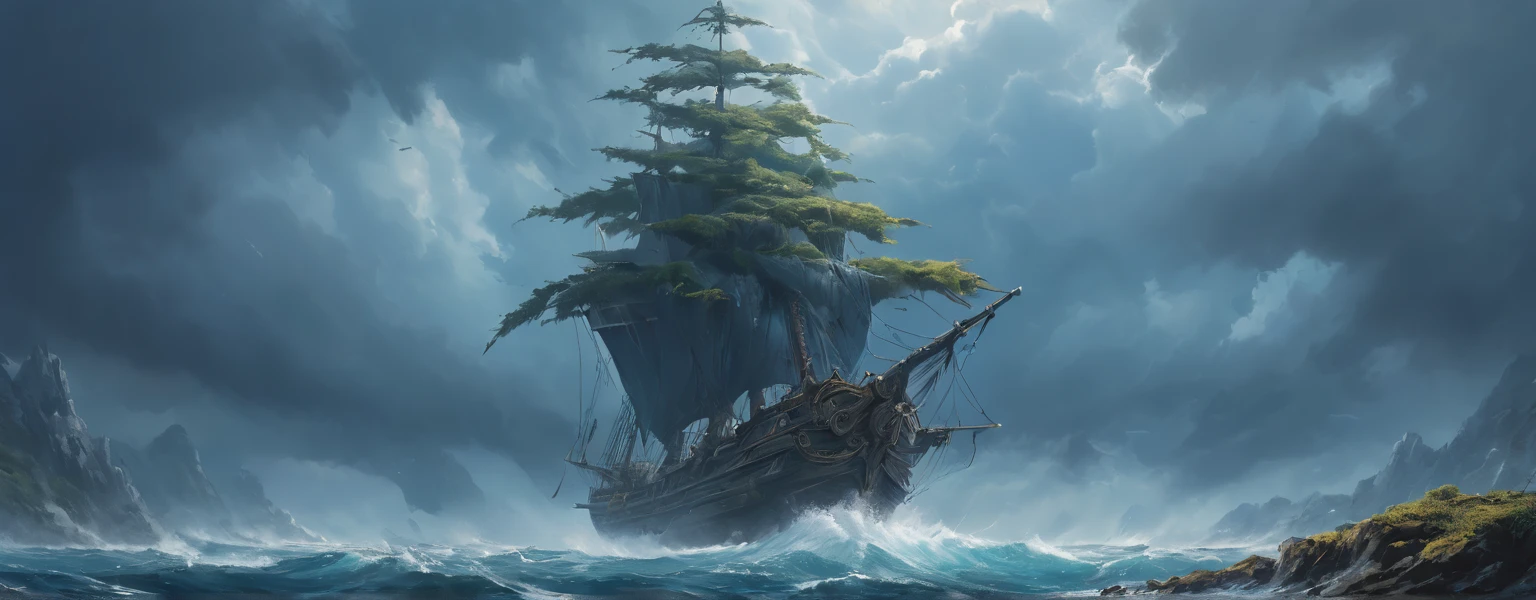 (Sailing ship in water with blue sails), (sea kite with an elongated fish face and 4 fins on its head in the water),  High black mountains with snow on the peaks,  goes into the clouds , ( a huge cedar with many branches from the ground to the clouds ),  tall tree  ,    high plateau   ,    A sprawling cedar grows on the plateau.   A huge creature with an elongated fish face appears from the water,   with long straight legs and a thick tail  , scaly moss grows on top . lots of air   , cliff, the waves of the sea are raging   .    the sky before the thunderstorm   ,    light through the clouds    .    reflections in water   .    The Abyss of the Dark Sea   , 4K, concept art, fantasy, blue tones,   very detailed oil painting  .   high view from above   .
