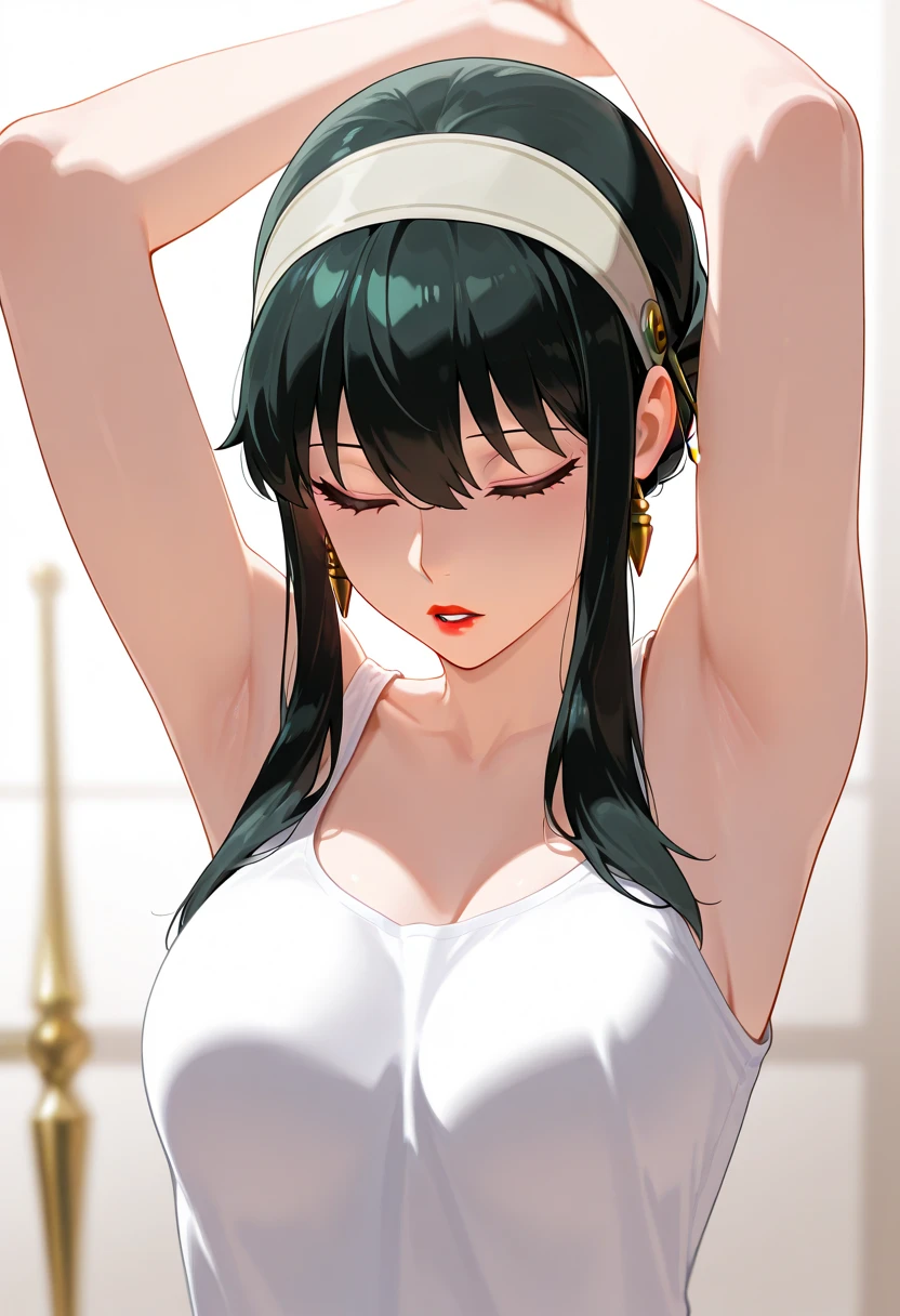 masterpiece,best quality,amazing quality,yor briar, 1girl, armpits, arms up, black hair, breasts, closed eyes, grey hairband, hairband, medium breasts, parted lips, red lips, sidelocks, solo, tank top, white tank top