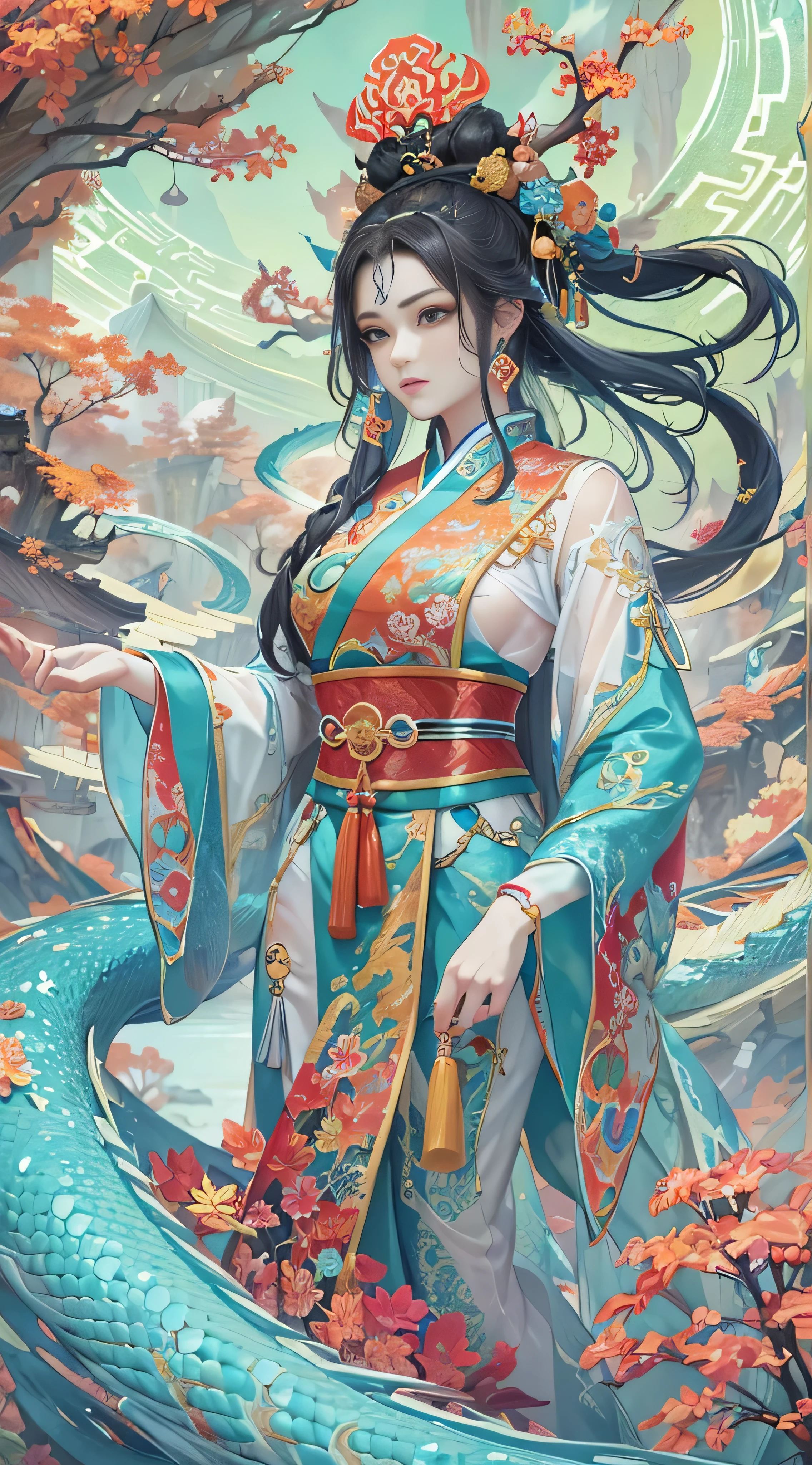 * 8k masterpiece , top quality,  top quality,  Official Art , Dragon God and Beauty ( Beauty and Aesthetics : 1.3),  very detailed, ( fractal art : 1.3),  colorful , Ice and Chinese dragon,  Serpentine Body, claw, Cyan and 1 Woman, Han Women's Media , Hanfu,