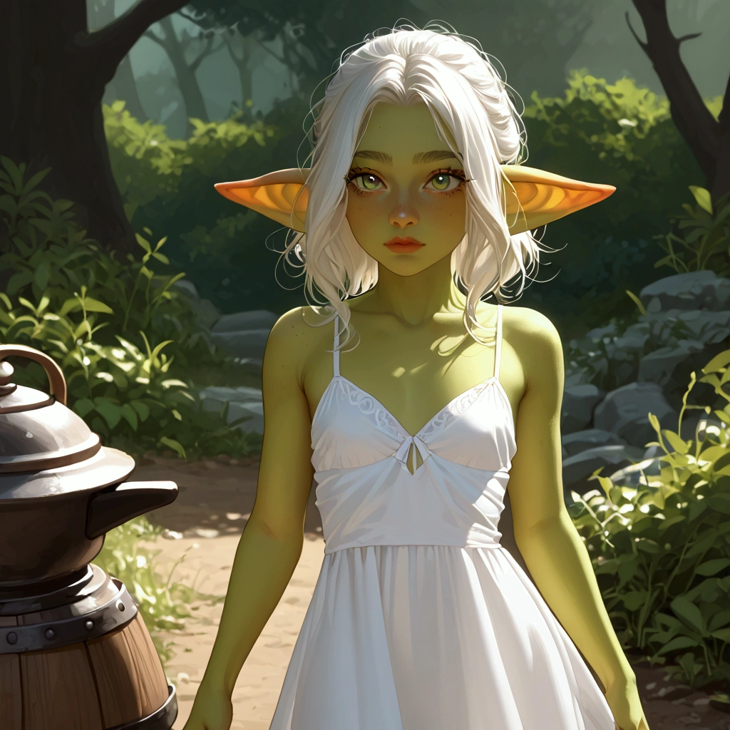 Goblin girl, green skin, pointy ears, rpg, white dress, small breasts 