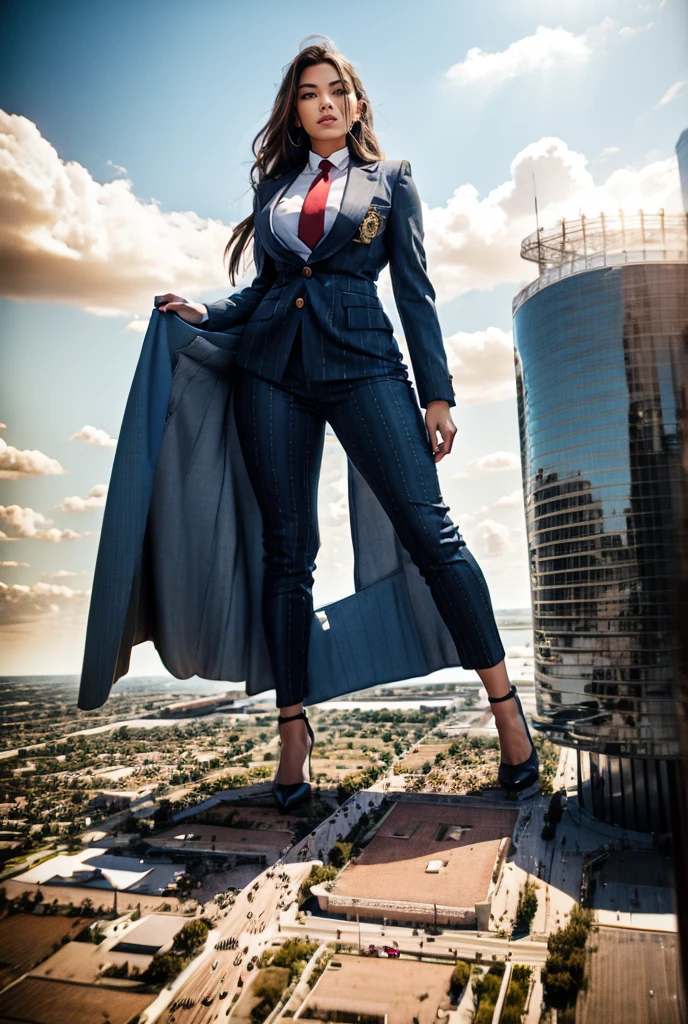 Giantess art, giga giantess, sophisticated and stylish woman in a light navy blue italian pinstriped trouser suit, form fitting crisp white office shirt, and a large wide red necktie in a windsor knot, with a beautiful, curvaceous figure, large natural breasts, and long blonde hair, with a curvaceous figure and massive breasts. wearing red rounded court high heels with uncovered feet and standing, rampage-like pose, with a cityscape background of mega-city, urban sprawl, and small towns, partially obscured by a hazy, cloudy atmosphere. The image is a high-resolution, masterpiece-quality, cinematic, ultra-detailed, and hyper-photorealistic photograph, with perfect hands, face, and lighting. ultra-detailed, 8K, photo-realistic, hyper-realistic, masterpiece, intricate details, full body view. Looking at camera, The image is a high-resolution, masterpiece-quality, cinematic, ultra-detailed, and hyper-photorealistic photograph, with perfect hands, face, and lighting. ultra-detailed, 8K, photo-realistic, hyper-realistic, masterpiece, intricate details, full body view