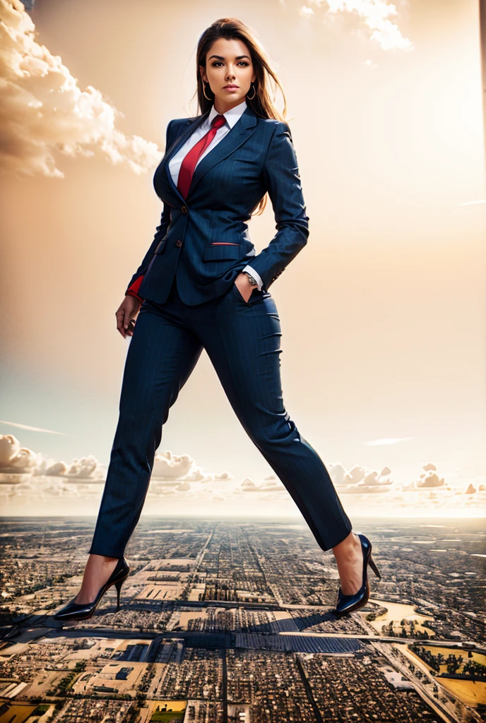 Giantess art, giga giantess, sophisticated and stylish woman in a light navy blue italian pinstriped trouser suit, form fitting crisp white office shirt, and a large wide red necktie in a windsor knot, with a beautiful, curvaceous figure, large natural breasts, and long blonde hair, with a curvaceous figure and massive breasts. wearing red rounded court high heels with uncovered feet and standing, rampage-like pose, with a cityscape background of mega-city, urban sprawl, and small towns, partially obscured by a hazy, cloudy atmosphere. The image is a high-resolution, masterpiece-quality, cinematic, ultra-detailed, and hyper-photorealistic photograph, with perfect hands, face, and lighting. ultra-detailed, 8K, photo-realistic, hyper-realistic, masterpiece, intricate details, full body view. Looking at camera, The image is a high-resolution, masterpiece-quality, cinematic, ultra-detailed, and hyper-photorealistic photograph, with perfect hands, face, and lighting. ultra-detailed, 8K, photo-realistic, hyper-realistic, masterpiece, intricate details, full body view