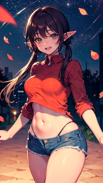 realistic image, coherent image, detailed image, 1 beautiful elf. She has brown hair, long hair with two pigtails. Scarlet eyes, long eyelashes. Her face is oval and delicate. smiling with open mouth. She is wearing a traditional red shirt, with a tangerine collar, showing her navel, jean shorts, sneakers, she has a curvy body, medium breasts and thick thighs. Urban background. starry night, flower petals falling. natural lighting in front, volumetric lighting