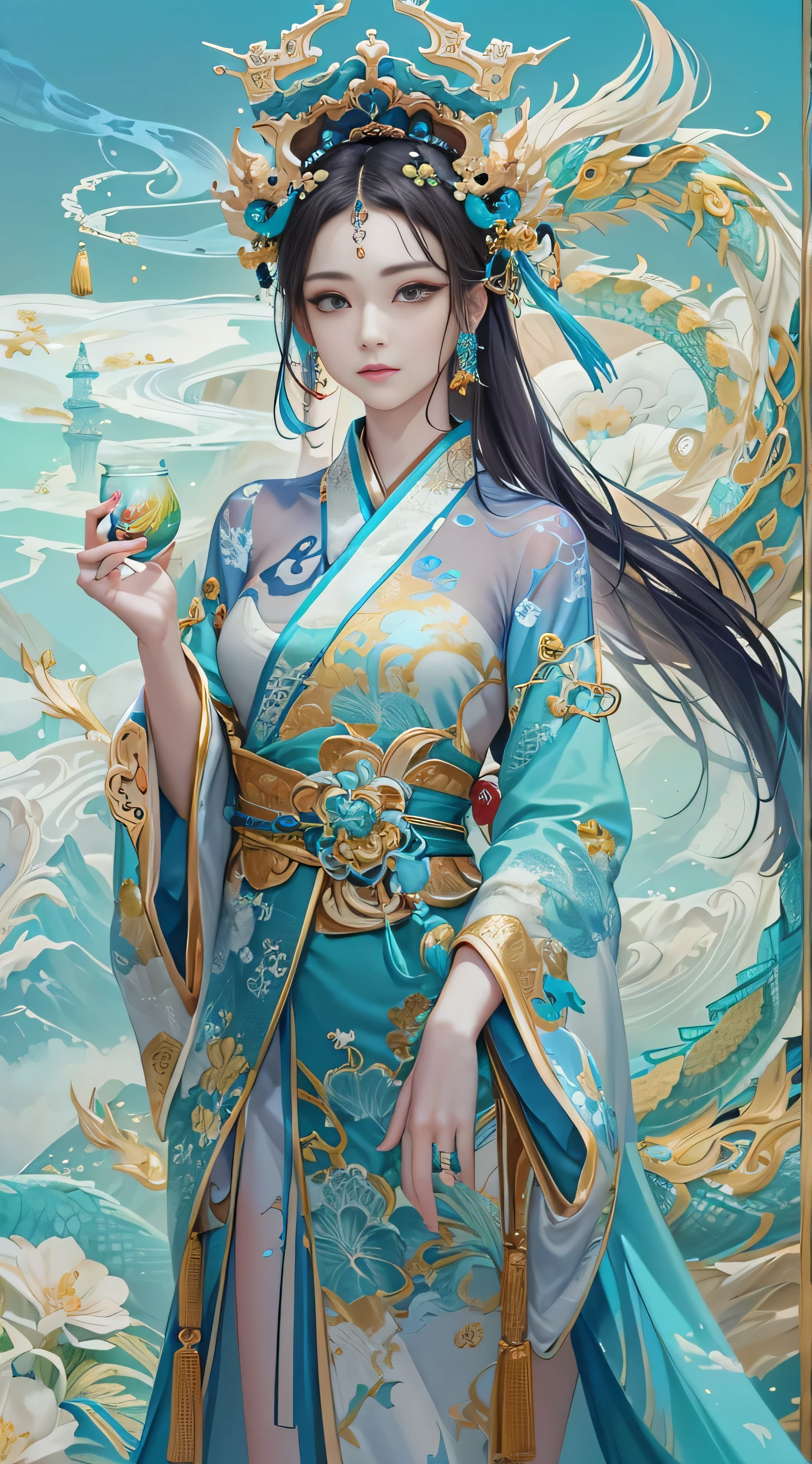 * 8k masterpiece , top quality,  top quality,  Official Art , Dragon God and Beauty ( Beauty and Aesthetics : 1.3),  very detailed, ( fractal art : 1.3),  colorful , Ice and Chinese dragon,  Serpentine Body, claw, Cyan and 1 Woman, Han Women's Media , Hanfu,