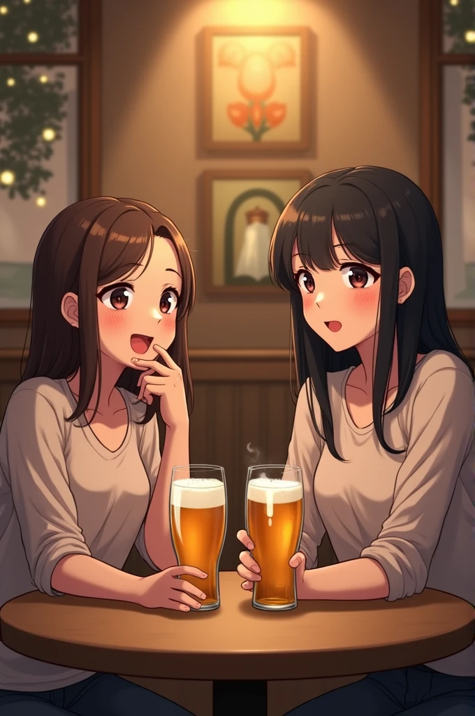 Illustration of a seated female customer and a standing female waitress at a restaurant/bar in Spain, facing each other and smiling happily as they converse.
