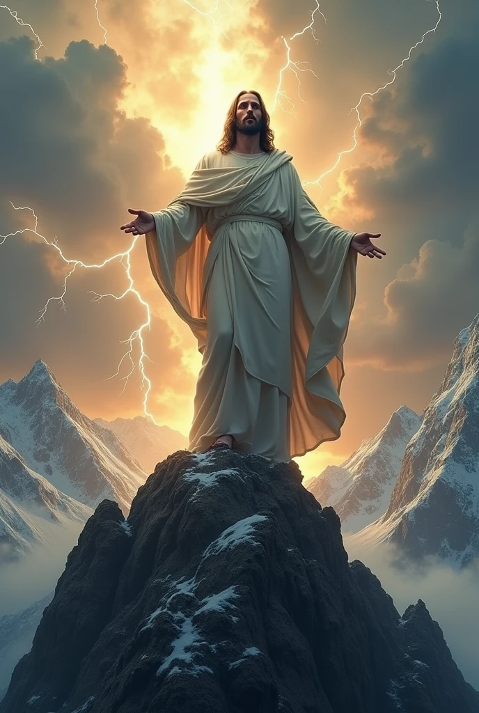 Jesus DE PÉ NA MONTANHA COM FLASHES DE LUZ ATRÁS