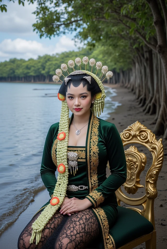  woman in traditional traditional Javanese robe dress of classical green color.  Traditional Javanese batik sarong of green color . silver,  shackles , collar ,  Golden crown on her head  .  In front of the camera . Detail kulit. fine. good.  And nice .  In the blue sea waves flying in the air .  Sitting on an intricately carved gold chair . Latar banyak pohon mangrove laut biru.  No light Dark of night . °mix4, 20d,hyper-realistic:1.37),16K HD