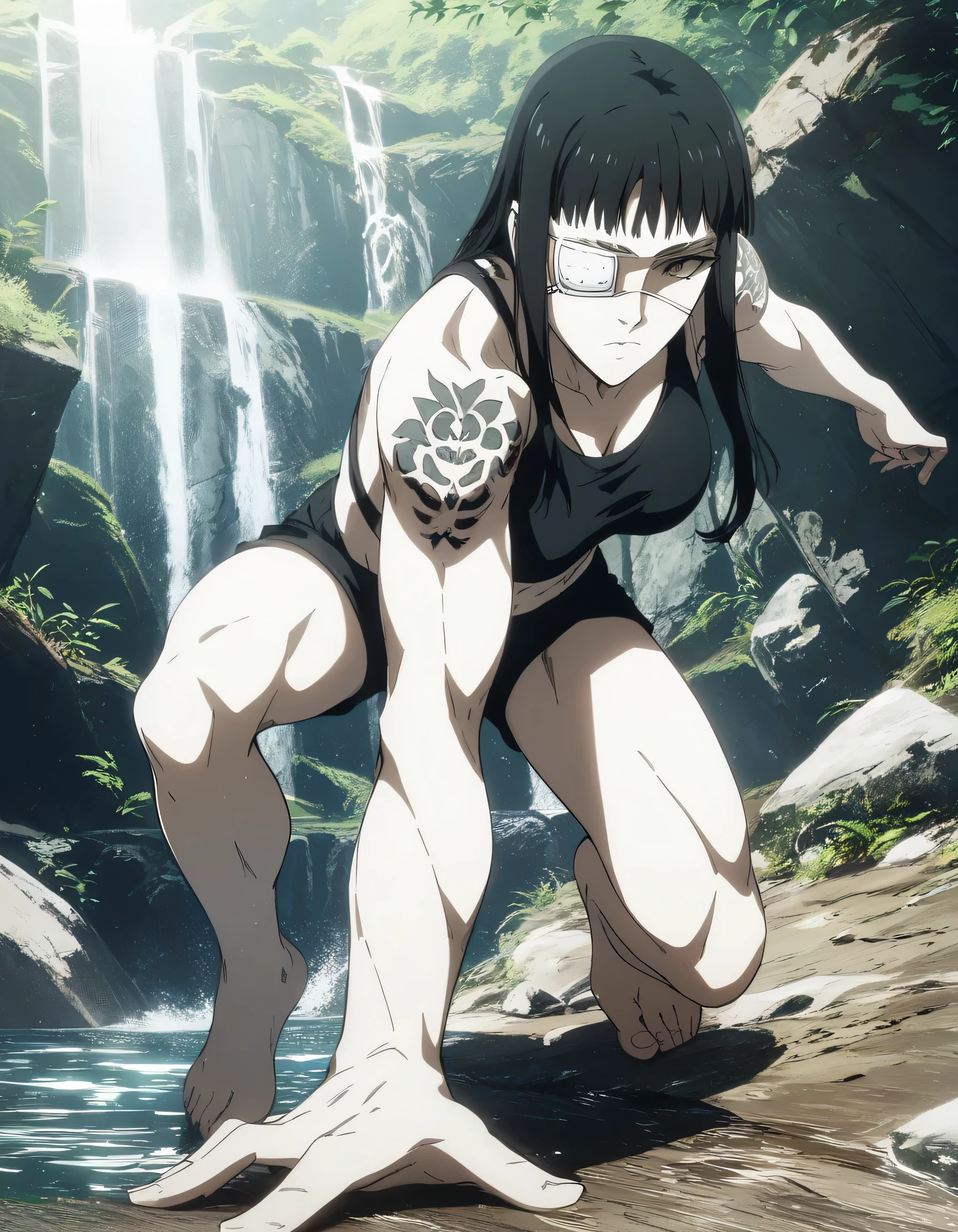 score_9, score_8_up, score_7_up,score_6_up,high resolution,source_anime,s0fiavalm3t,1girl,eyepatch,black hair,long hair,,water,rocks,volumetric lighting,rim lighting,dof,dramatic shadow,full body,dynamic pose,looking at viewer,pov,suspended in air, tattoos on shoulder,wearing sport bra,black sport shorts,Barefoot,training hard,,sporting attraction,too white skin color,push-ups 