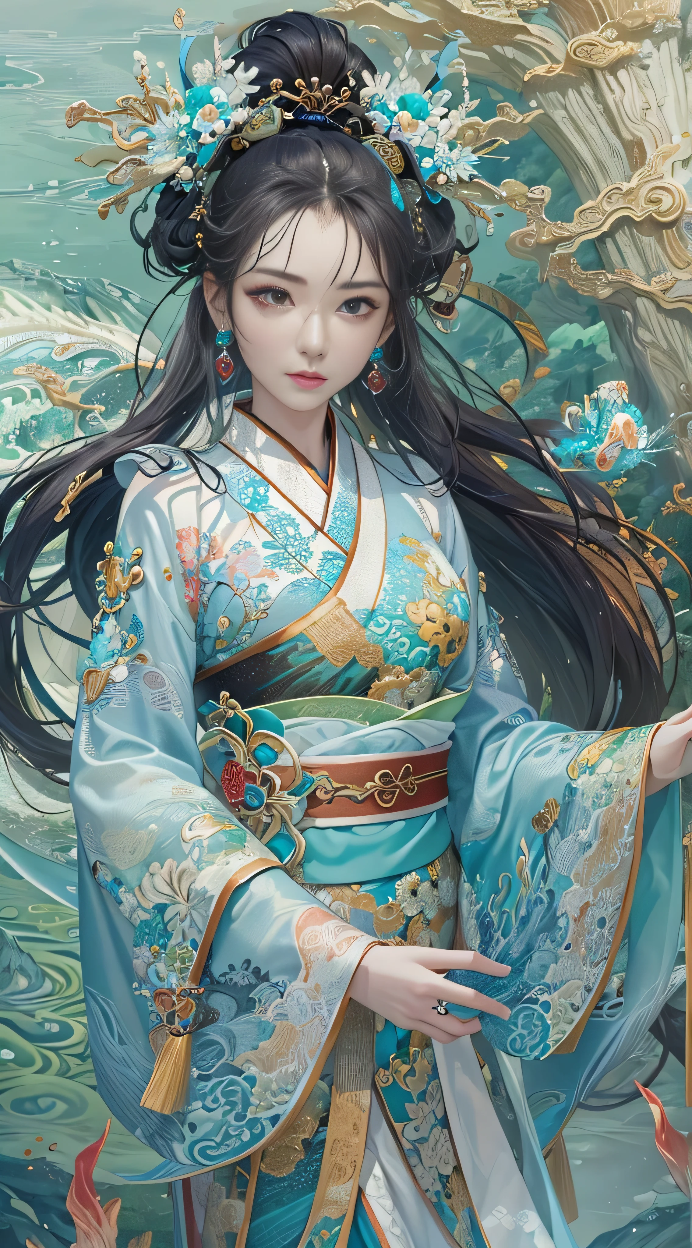 * 8k masterpiece , top quality,  top quality,  Official Art , ( Beauty and Aesthetics : 1.3),  very detailed, ( fractal art : 1.3),  colorful , Ice and Chinese dragon,   serpentine body, claw, Cyan and 1 Woman, Han Women's Media , Hanfu, Cyan