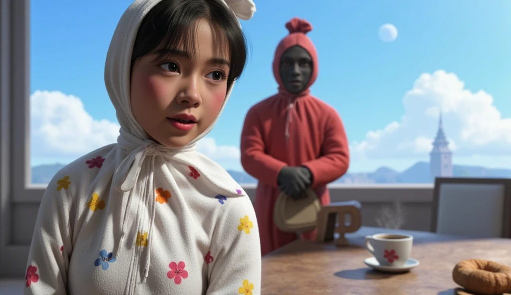 side view, 3D animation with vibrant color palette, ((full body)), ((pixar animation)), contrasting colors with bright sky. cute white pocong, cloth pattern with various flower colors, black face, red eyes, red lips, confused face, sitting on a chair, table, there is a cup of hot coffee on the table.