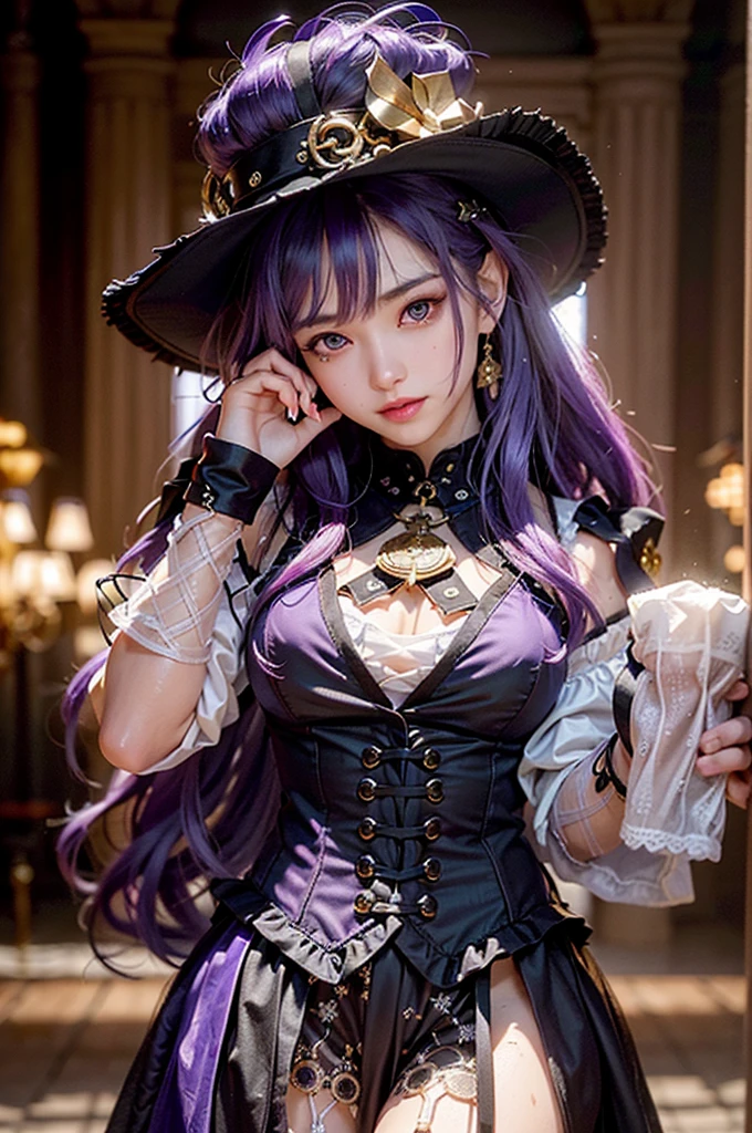 woman in goth clothing, black:purple ((Ombré hair)), lace choker, (corset), jacket, leather gloves, layered frilled long skirt, lace underskirt, knee high boots, stockings, ribbons, full body