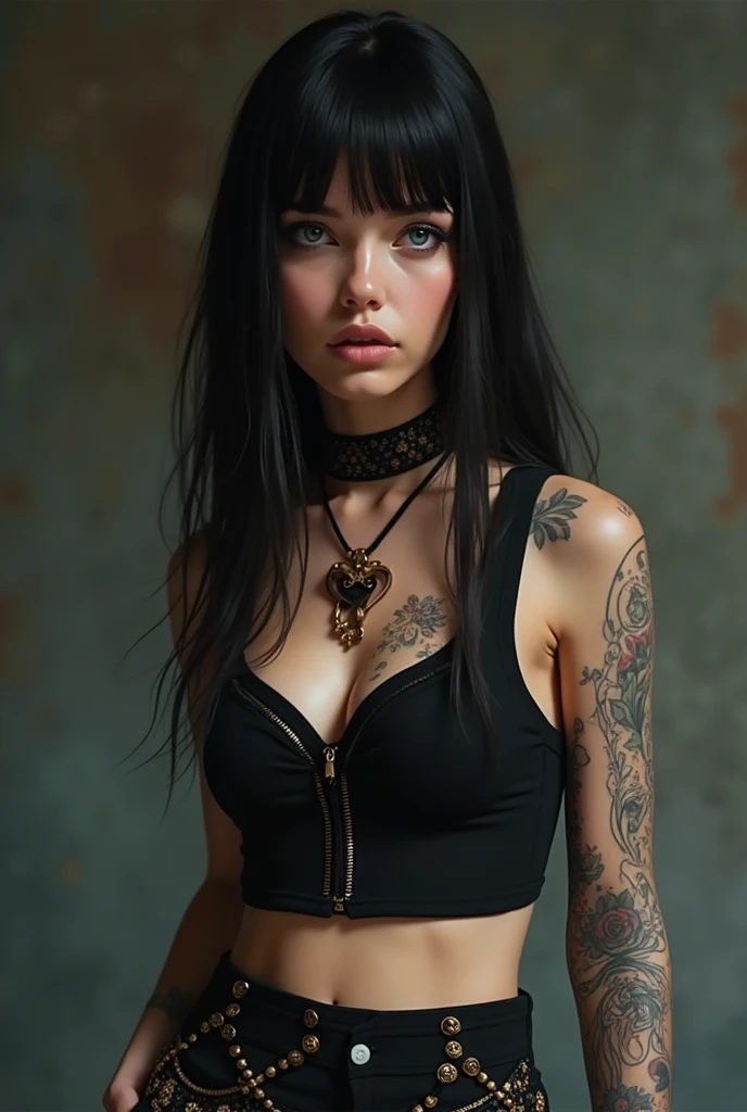 1girl, bare shoulders, black bra, black hair, black nails, bra, breasts, choker, hat, jewelry, long hair, makeup, open mouth, pants, realistic, sky, sleeveless, solo, tattoo, upper body <lora:G0thG1rl_sd15_style_gpt_trigger:0.75> g0thg1rl