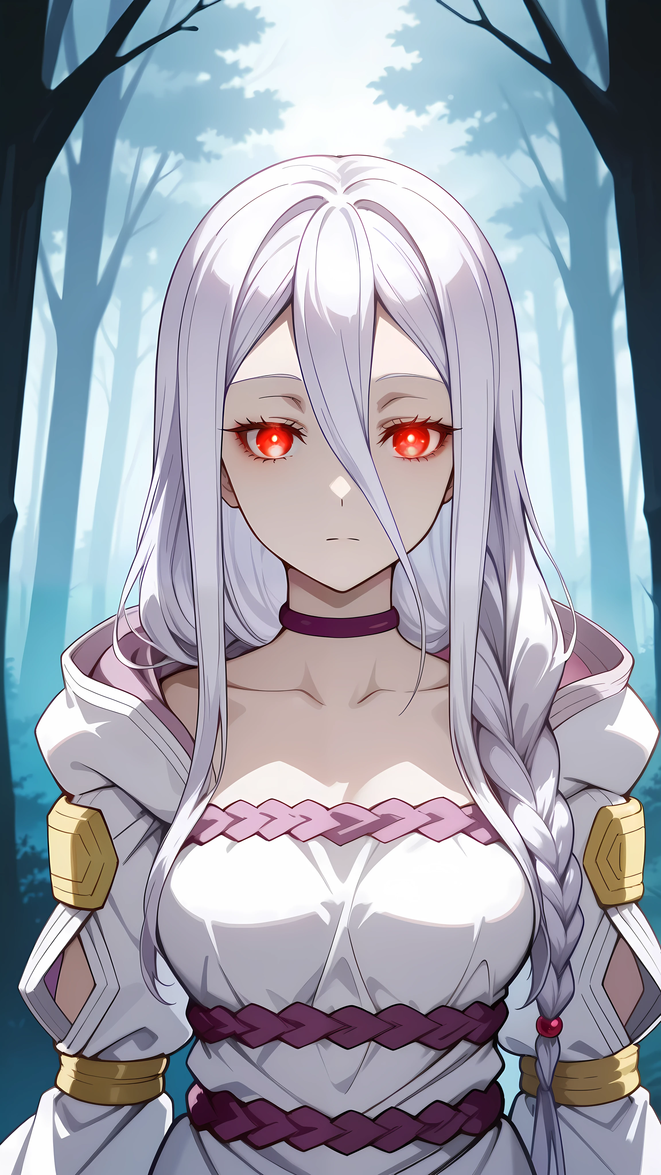 1girl, (((shiraori , kumo desu ga nani ka? ))), braid, choker, detached_sleeves, dress, eyelashes hair_between_eyes, long_braid, long_hair, looking_at_viewer, white dress, purple_choker red_eyes, single_braid, very_long_hair, white_hair, wide_sleeves, (foggy forest:1.2), facing viewer, upper body, high quality, best quality, masterpiece, bloom, super detailed, glowing eyes