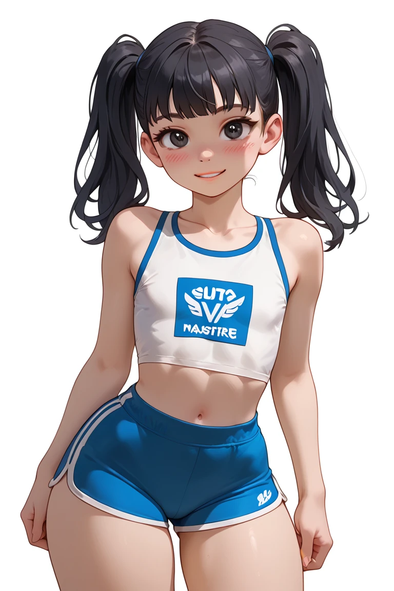 cute young girl, (alone), (1girl), (solo), gym shorts, cropped tanktop, blue and white clothes, taut clothes, tight clothes, (ultra wide hips), (ultra narrow waist), (thick thighs), (flat chest), (cute face), (twintails black hair), black eyes, shy smile, looking at viewer, standing up, blushing, sealed lips, pale blush skin, (sexy pose), (simple background), (masterpiece), (best quality), (perfect eyes), (absurdres), (perfect face), Bl3th3bn3_Styl3_SKNSFW