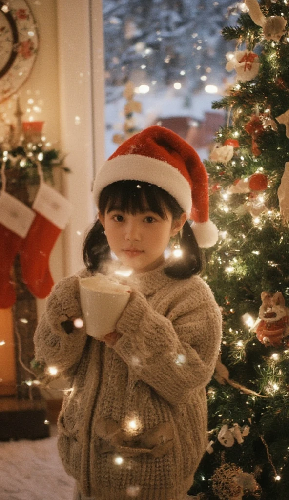 A cute girl surrounded by Christmas decorations, standing near a beautifully lit Christmas tree. She wears a cozy sweater, a Santa hat, and holds a steaming cup of hot cocoa. Snow is gently falling, and twinkling lights create a warm, magical atmosphere. The background features a cozy room with stockings hanging by the fireplace and a snowy outdoor scene visible through the window