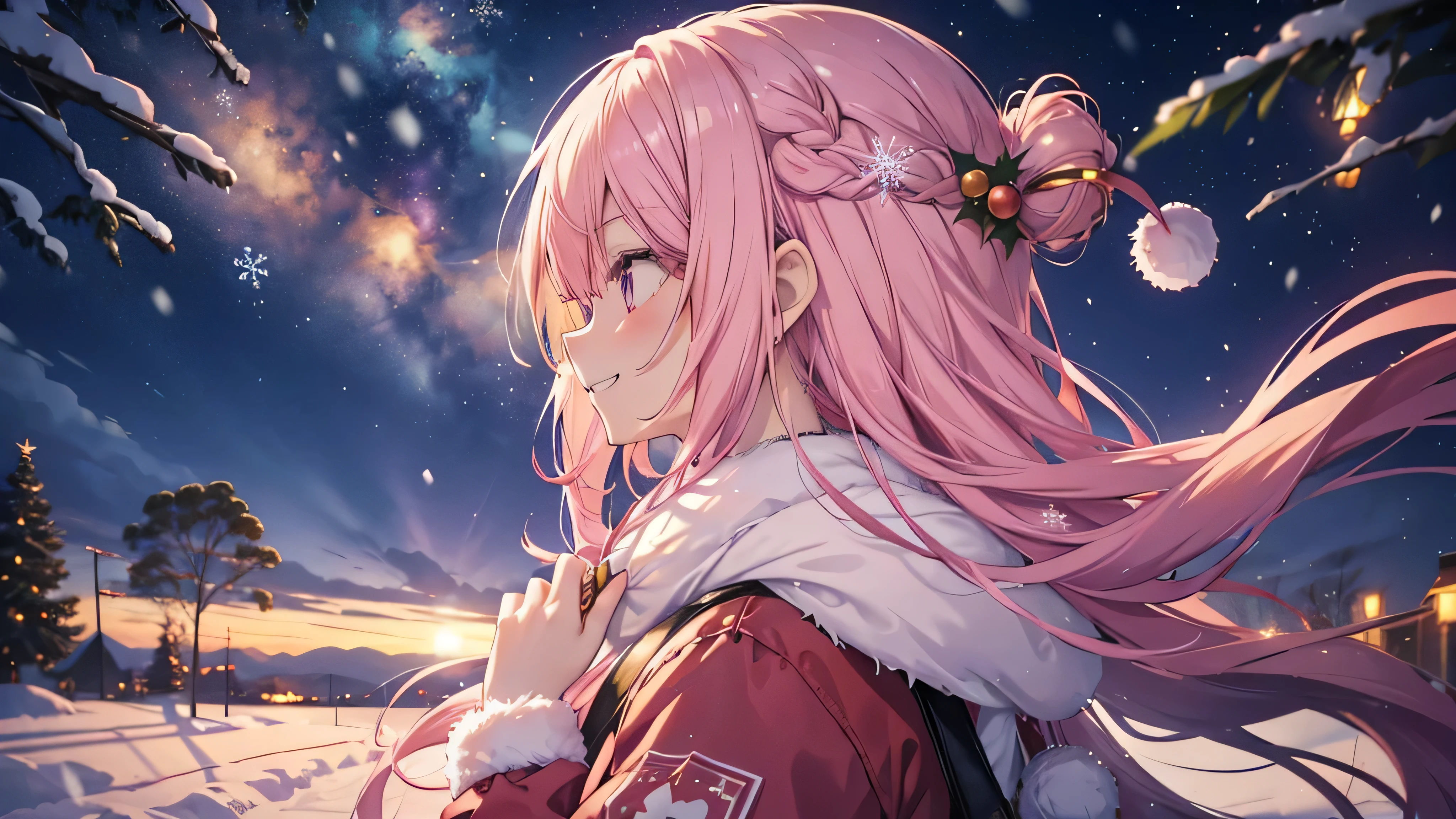  cute anime pink haired girl、 Dynamic、 long hair、( Best Smile 、 Christmas style ,Snow Scene,)profile,Asahi