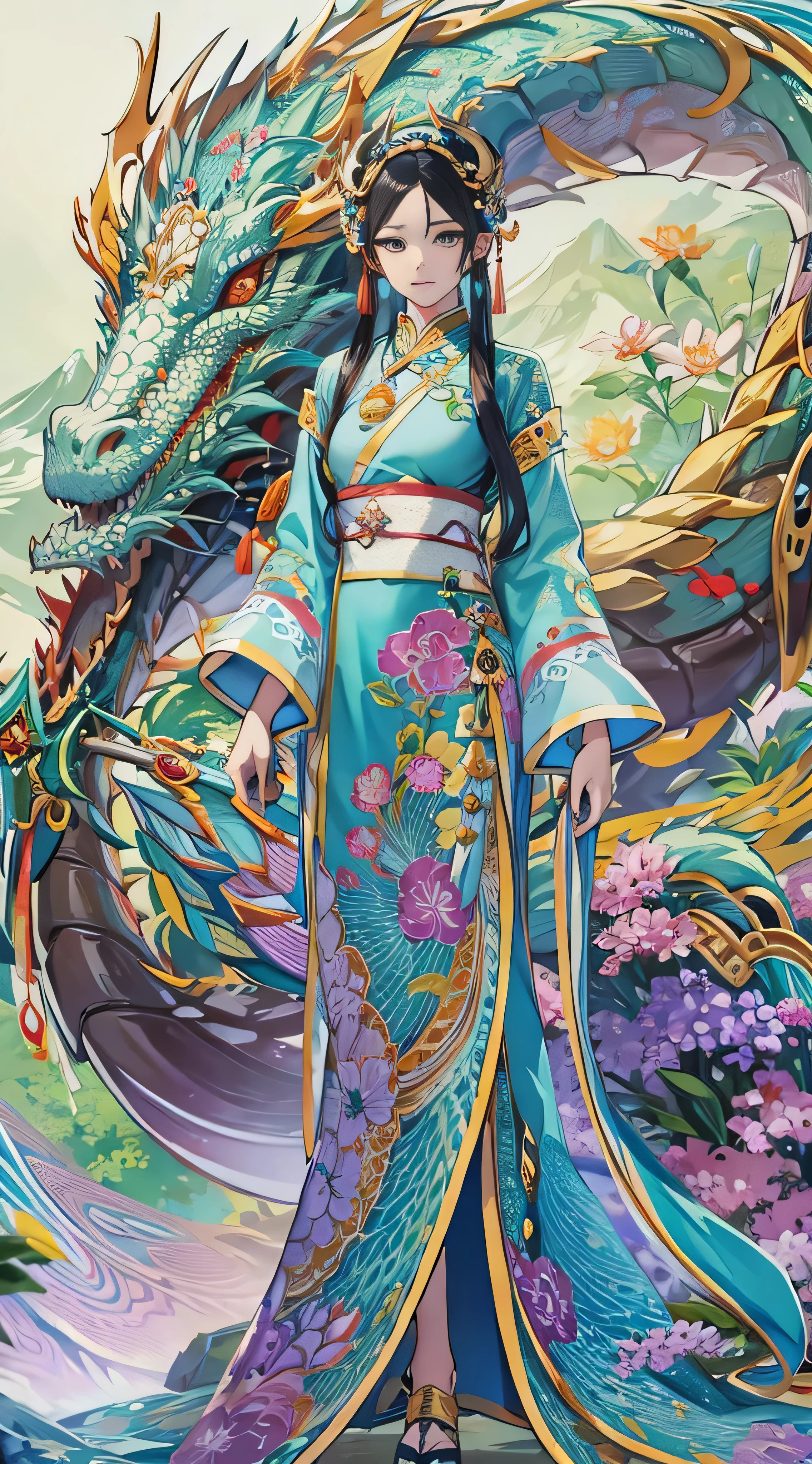 * 8k masterpiece , top quality,  top quality,  Official Art , Dragon God and Beauty ( Beauty and Aesthetics : 1.3),  very detailed, ( fractal art : 1.3),  colorful , Ice and Chinese dragon,  Serpentine Body, claw, Cyan and 1 Woman, Han Women's Media , Hanfu,