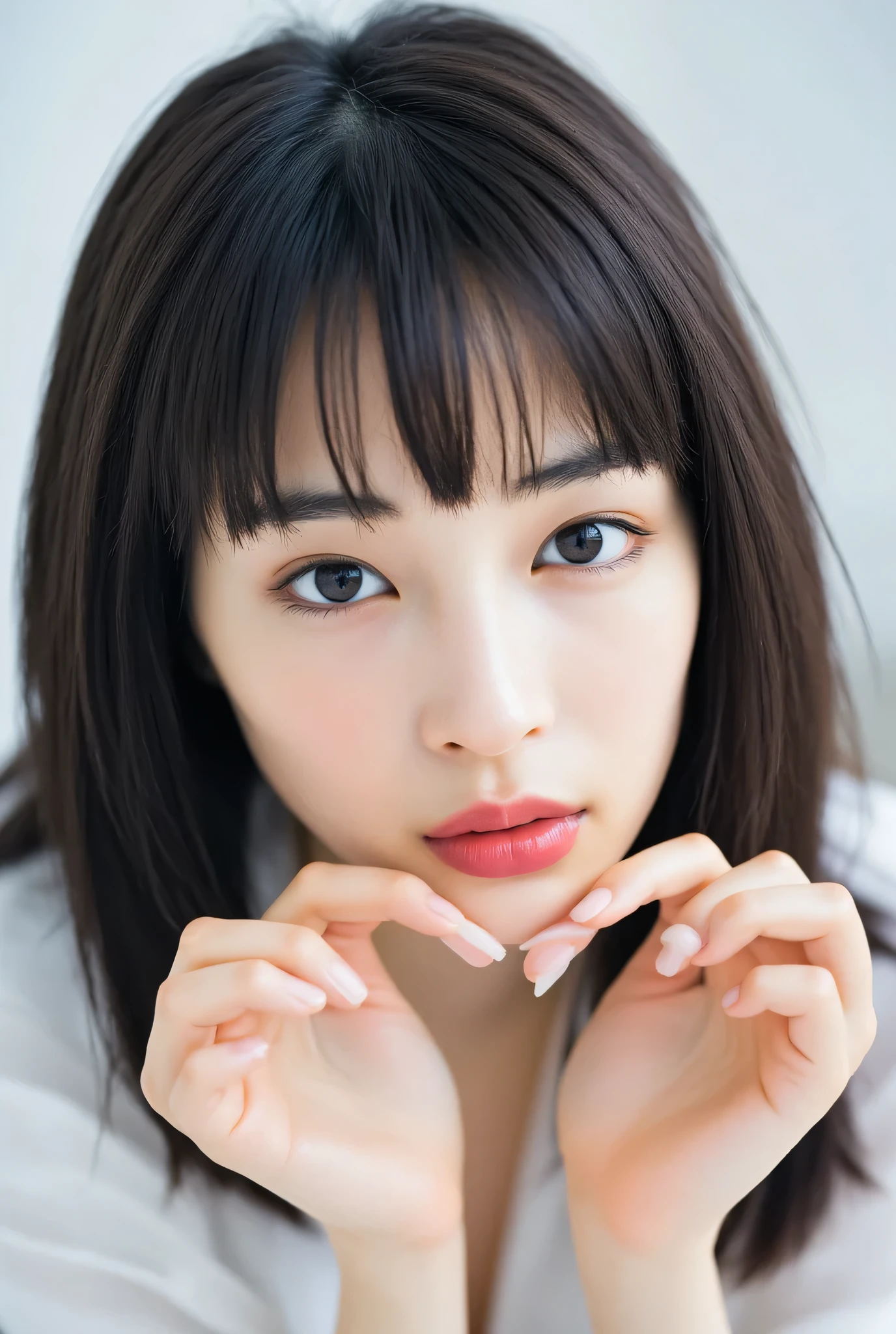 smile making a heart shape with hands:2.0、 (Ultra-precise human anatomy , top quality、 RAW photo、8k、32K、masterpiece、 realistic 、 photorealistic:1.37)、Cute Japanese women images、 nudes、)、 upper body、 1 girl、Photo Mapping、Physically based rendering、 high image quality、 high definition 、1080P、( beautiful face)、(Detailed description of the face)、( Detailed description of the hand setter'Muscle area)、( CG in detail)、 Rich details 、( Stunning Features :1.35)、( Details Eyes )、Exposed pose、 a very realistic and detailed portrait of a young woman's upper body。The skin is beautiful、 Soft light is reflected in the high part of the cheek .、 Tiny pores and hair follicles、 You can see even the thinnest blood vessels 。The skin is smooth、natural flushing of cheeks 、Healthy glow。 The eyes are large and clear blue、Her iris has fine patterning、 Light is reflecting and shining in the eye。 There is a slight shadow under her eye 、 Her eyelashes are long and naturally curled。 her lips are soft pink 、Smooth texture with a natural glow、 Slightly reflects light。, background is pale black and white gradation .、The focus is entirely on the face and upper body 。 realistic shadows and textures、 picture-like depiction.。