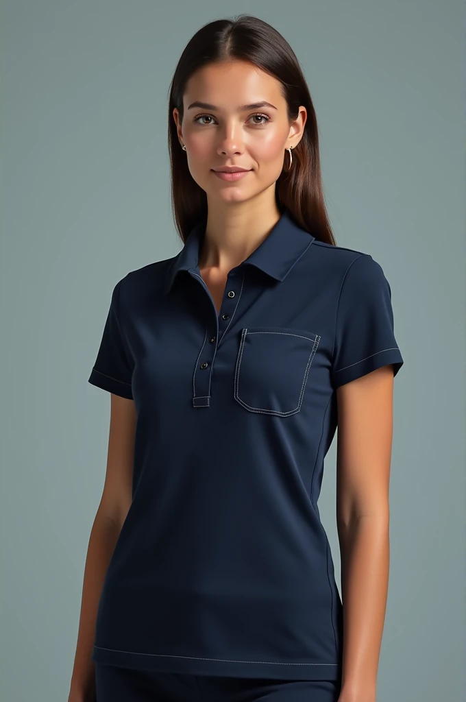 a woman in a gray shirt and jeans posing for a picture, wearing polo shirt, blackw, collar shirt, antracite, wearing a dark blue polo shirt, perfect detail, manga curta, meia imagem, gray dark, detailed photo, detailed photo com zoom, gray shirt, Full-body close-up, shot close to the body, in a dark teal polo shirt